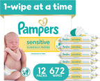 Pampers Sensitive Baby Wipes, Unscented, Fragrance Free, Clinically Proven, Water Based, Hypoallergenic, Multi-Use, Hand Wipes, 672 Wipes Total (12X Flip-Top Packs)