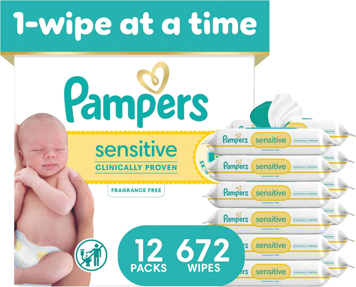 Pampers Sensitive Baby Wipes, Unscented, Fragrance Free, Clinically Proven, Water Based, Hypoallergenic, Multi-Use, Hand Wipes, 672 Wipes Total (12X Flip-Top Packs)