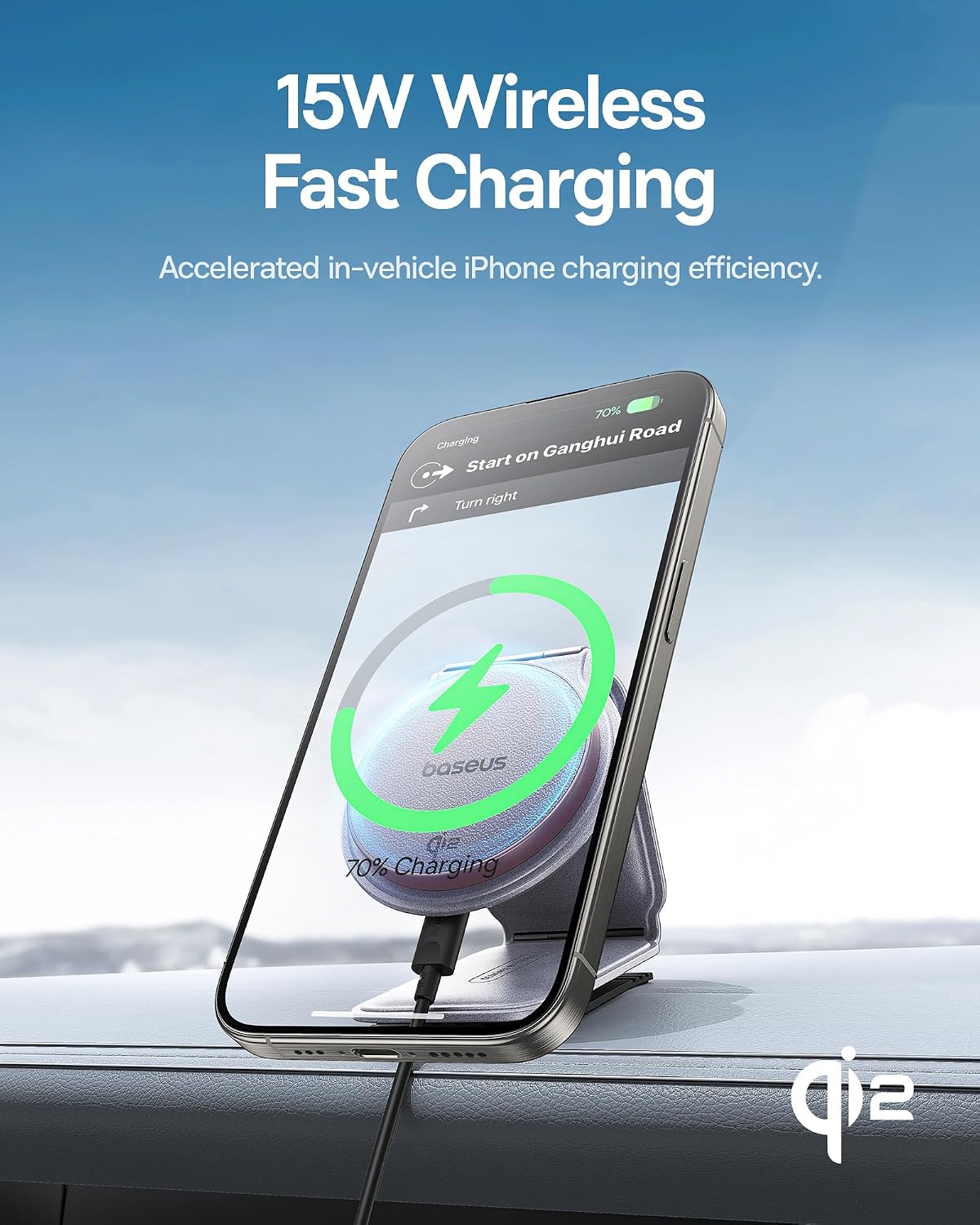 Baseus C02 Mega Qi2 Certified 15W MagSafe Car Charger Mount, Foldable Magnetic Phone Holder for Dashboard, 360° Rotatable Base — Frosted Grey