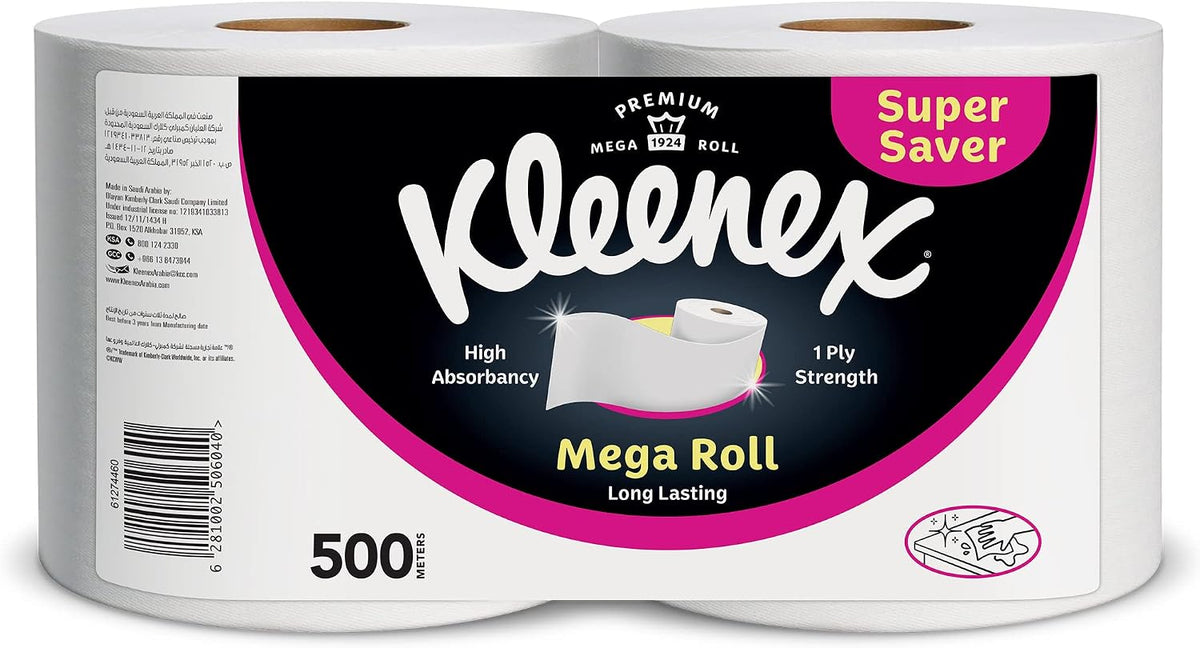 Kleenex Kitchen Paper Towel, Mega Roll Tissue, 2 Rolls x 250 Meters, High Absorbency for Multi Purpose — front product image