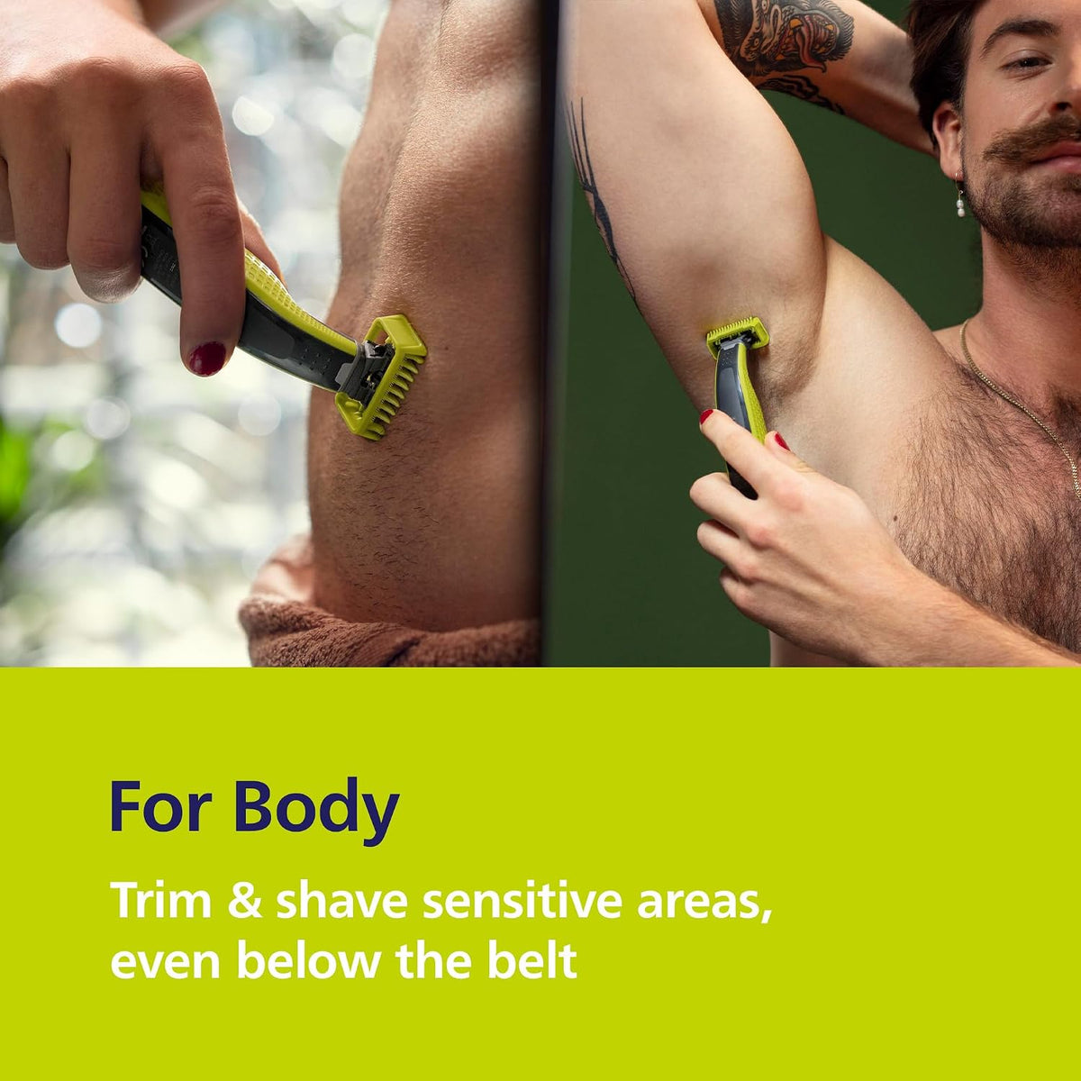 Philips OneBlade 360 Face & Body Electric Beard Trimmer, Razor and Body Groomer for Trimming, Styling and Razors, 3 x 360 Blades, 3 x Trimming Attachments (1.3.5 mm), 2 x Body Attachments, QP2824/31 — Black