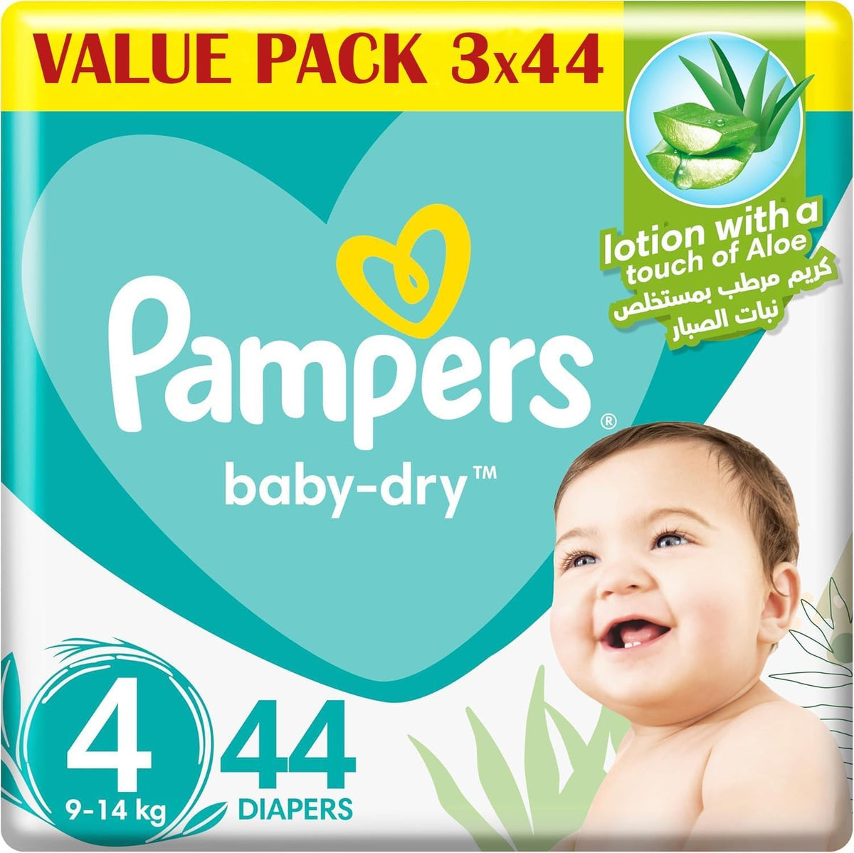 Pampers Baby Dry Taped Diapers with Aloe Vera Lotion, up to 100% Leakage Protection, Size 4, 9-14kg, 132(44x3) count