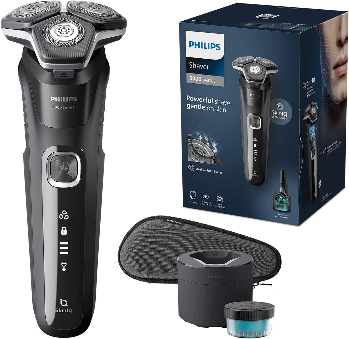 Philips Shaver Series 5000 - Wet & Dry Mens Electric Shaver with SkinIQ Technology, Pop-up Trimmer, Travel Case, Quick Clean Pod and Quick Clean Cartridge (Model S5898/50) — Deep Black