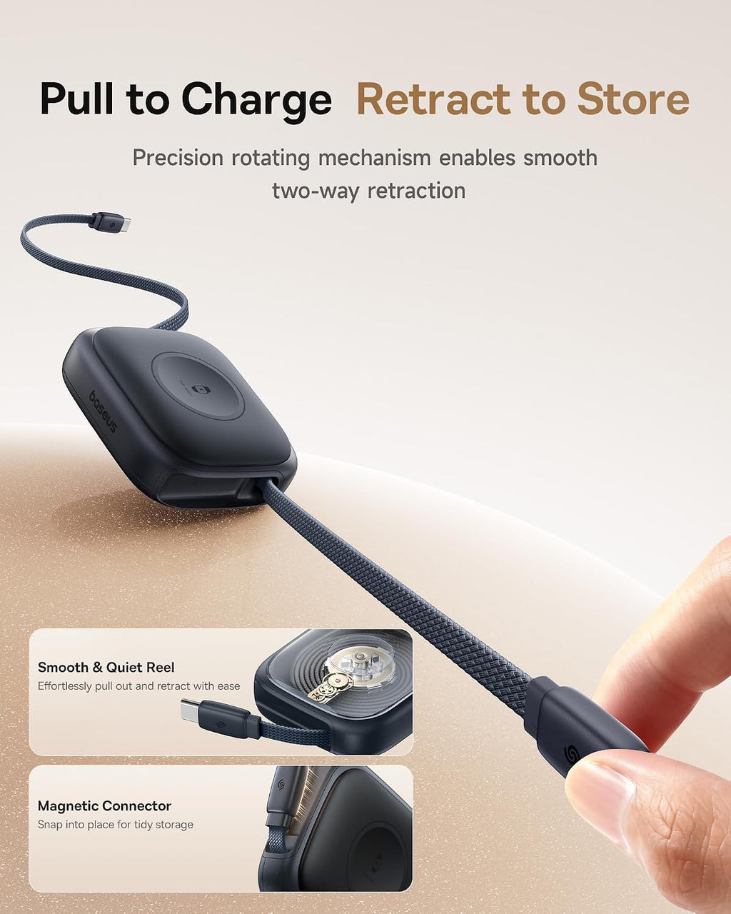 Baseus Retractable USB-C Cable 100W with Apple Watch Wireless Charger — 3ft