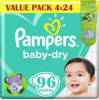 Pampers Baby Dry Taped Diapers, Size 5, 11-25 kg, Baby lotion with Olive Oil, 96 Diapers