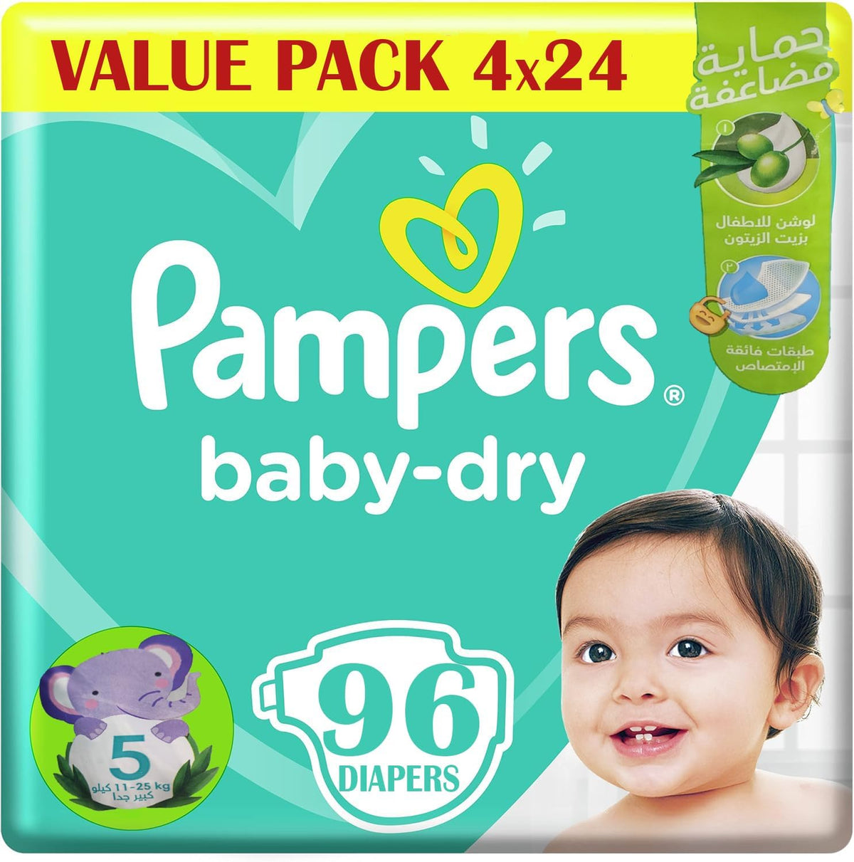 Pampers Baby Dry Taped Diapers, Size 5, 11-25 kg, Baby lotion with Olive Oil, 96 Diapers