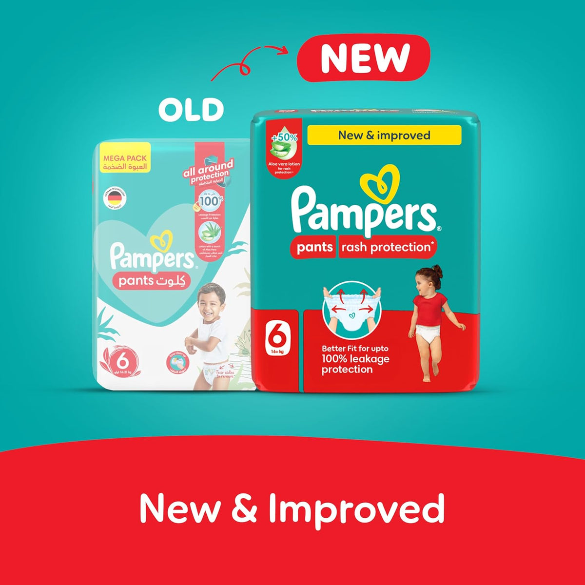 Pampers Rash Protection Pants Diapers, Size 6, 16+kg, +50% Aloe Vera Lotion, 360° Leak-Free Fit for up to 100% Leakage Protection, 136 Count