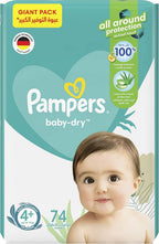 Pampers Baby-Dry Diapers with Aloe Vera Lotion and Leakage Protection, Size 4+, 10-15 kg, 74 Diapers