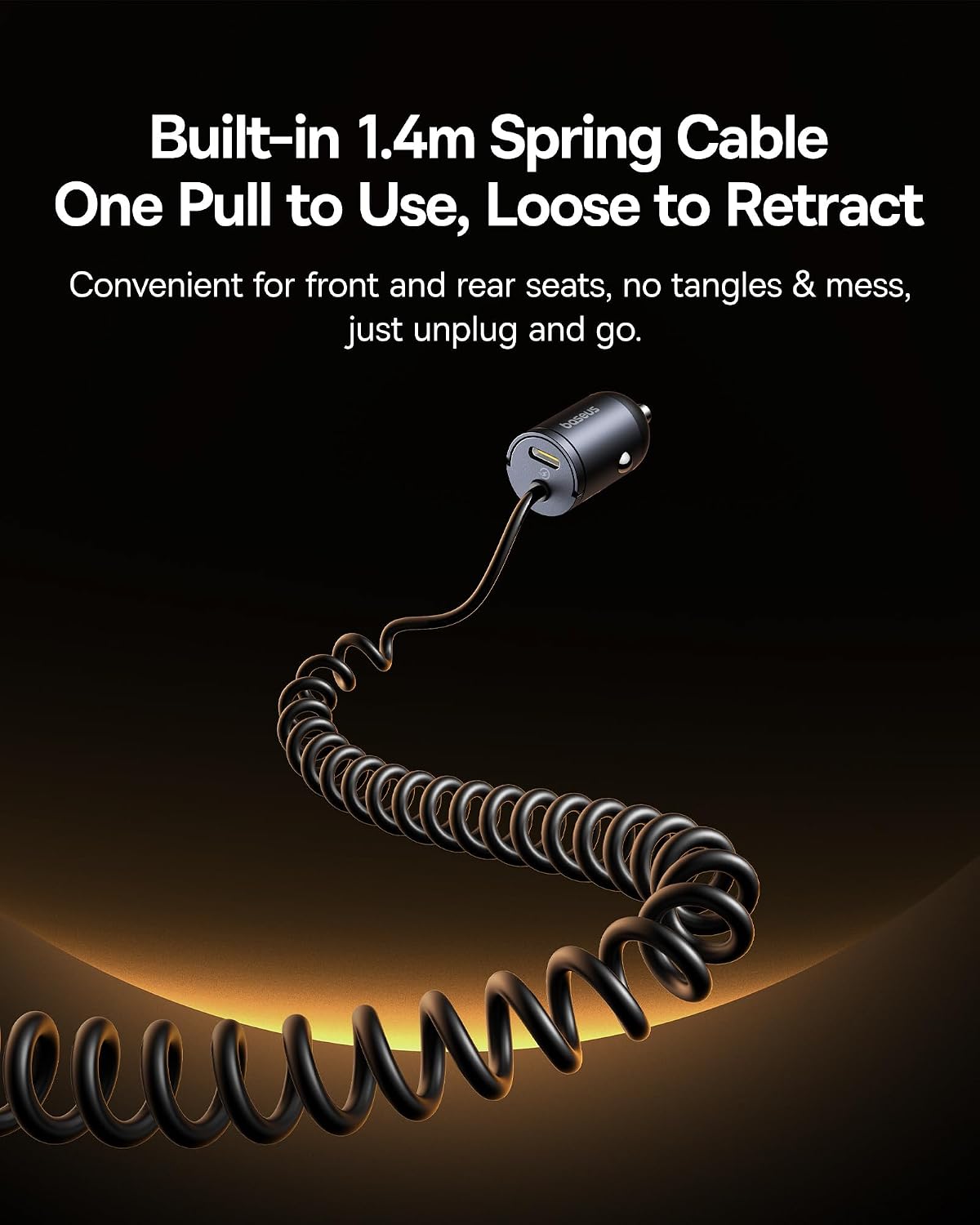 Baseus【1Port - Type C +30W Type L Coiled Cable】USB-C Car Phone Charger, Super Fast PD & QC 3.0 — Black