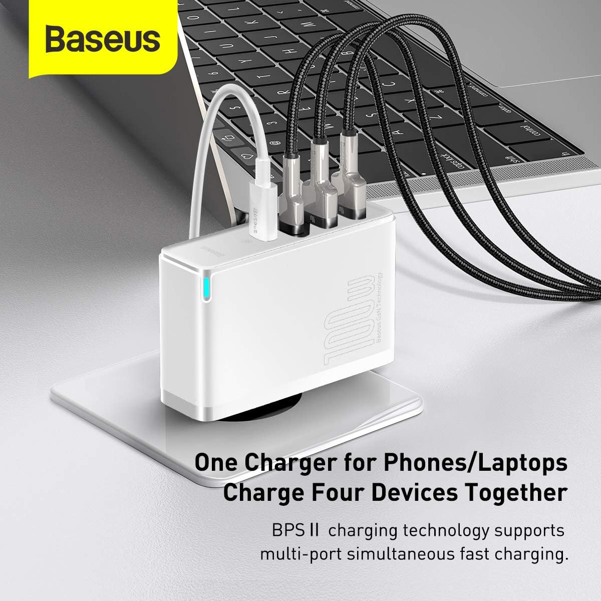 Baseus 100W GaN Charger 4-Port Fast Charging Adapter USB-C PD 3.0 Quick Charger for Laptop, MacBook, iPhone 13 Pro Max, Samsung Galaxy, Xiaomi, Tablets — 100W-EU-2C+2A — White