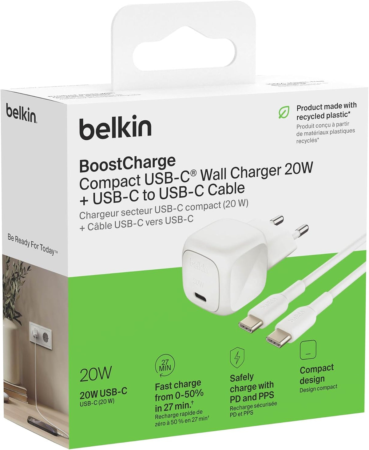 Belkin BoostCharge Compact Charger (20W) USB-C Power Delivery Fast Charger Power Supply for Apple iPhone 16, Samsung Galaxy S25, iPad, AirPods etc. Includes USB-C Cable - White