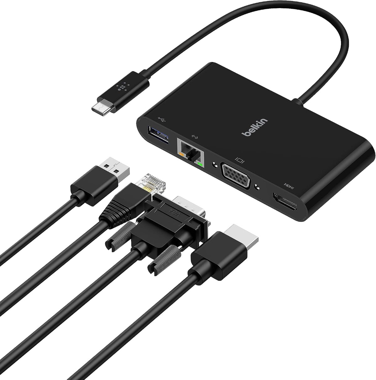 Belkin Usb-C Multimedia With Tethered Cable - Interface Hub Usb-A 3.2 Gen Port, Ethernet Vga And 4K Hdmi For Mac Windows Devices- Black