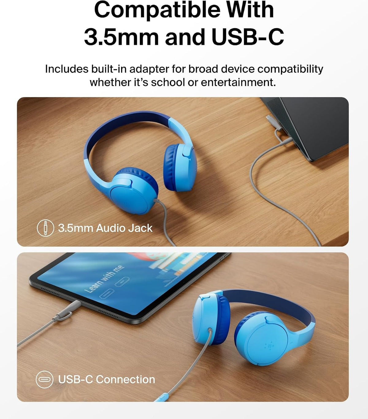 Belkin SoundForm Mini Kids Wired Headphones with USB-C to 3.5mm Dongle, Built-in Mic & Fun Stickers, 85dB Max Volume – for Online Learning, Travel, Compatible with iPhone, iPad, Galaxy, etc - Blue