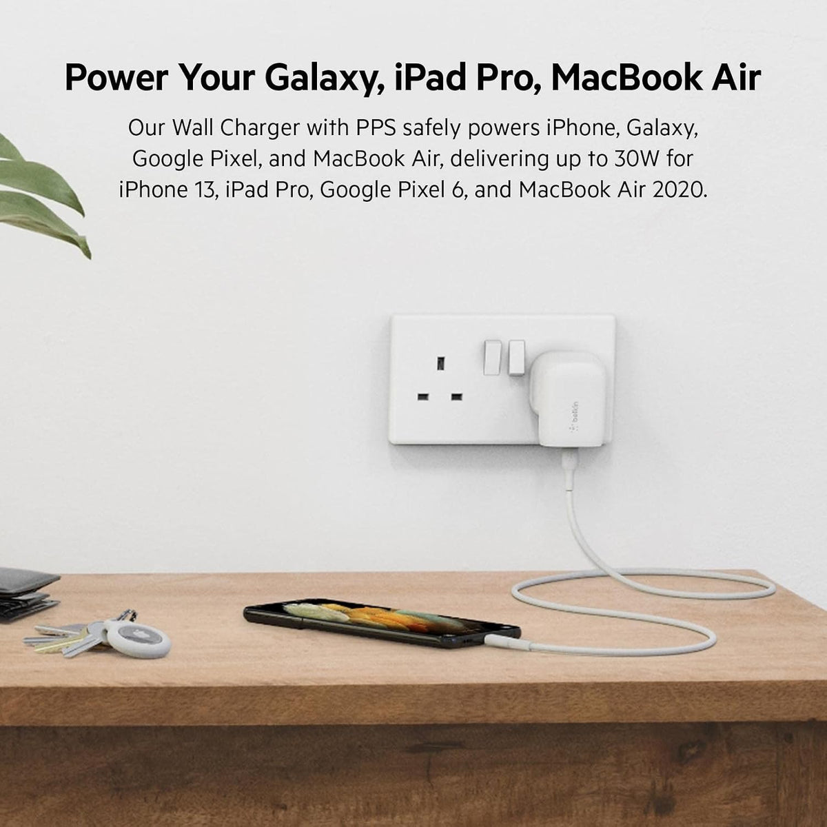Belkin 30W USB C wall charger with PPS, Power Delivery, USB-IF certified PD 3.0, fast charger plug for iPhone 17, Air, 16, 15, Samsung Galaxy S25, iPad, AirPods, Pixel, more - USB C Cable included