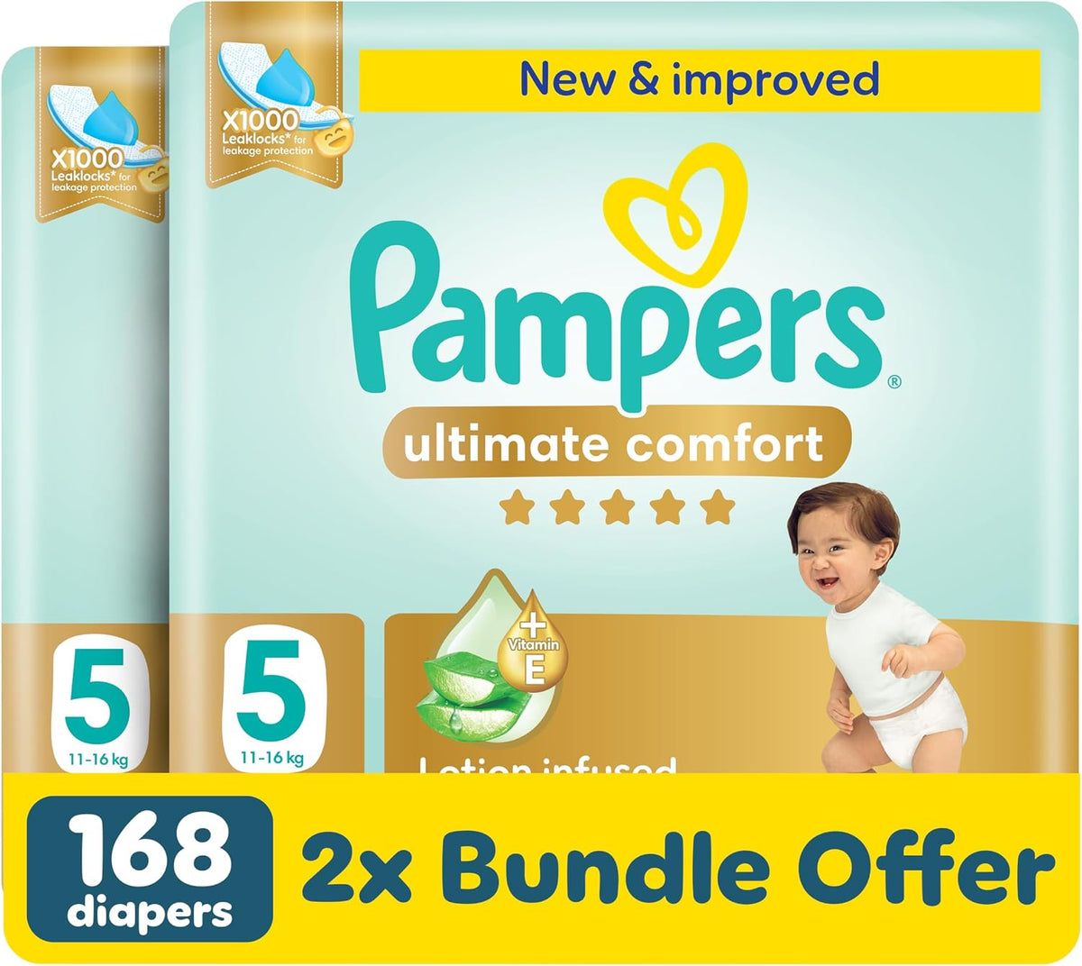 Pampers Ultimate Comfort Premium Taped Diapers 11-16kg Size 5 Box 168 Count