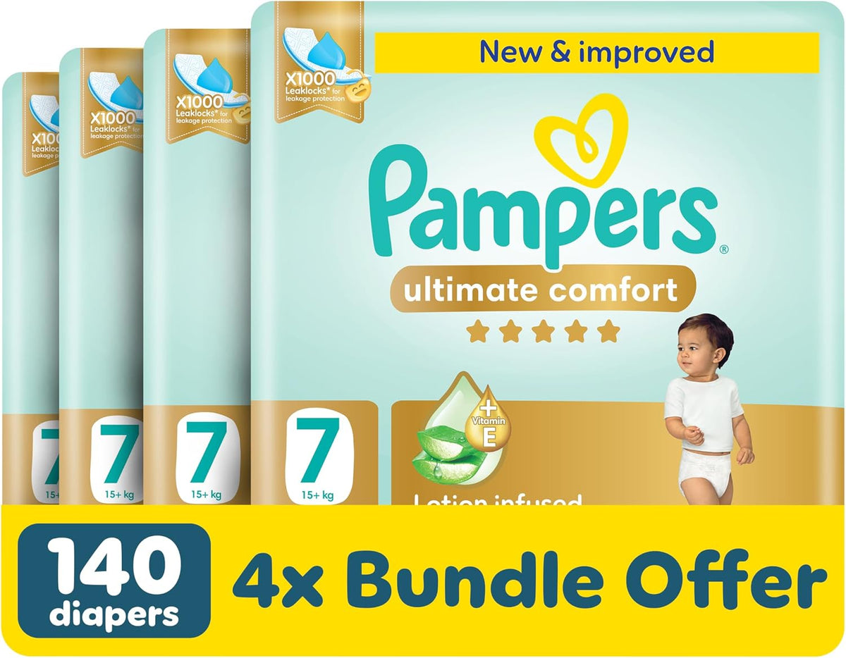 Pampers Ultimate Comfort Taped Diapers, Size 7, 16+kg, Lotion infused with Aloe Vera and Vitamin E, x1000 Leak Locks Technology for Leakage Protection, 2x Giant Pack, 140 Count