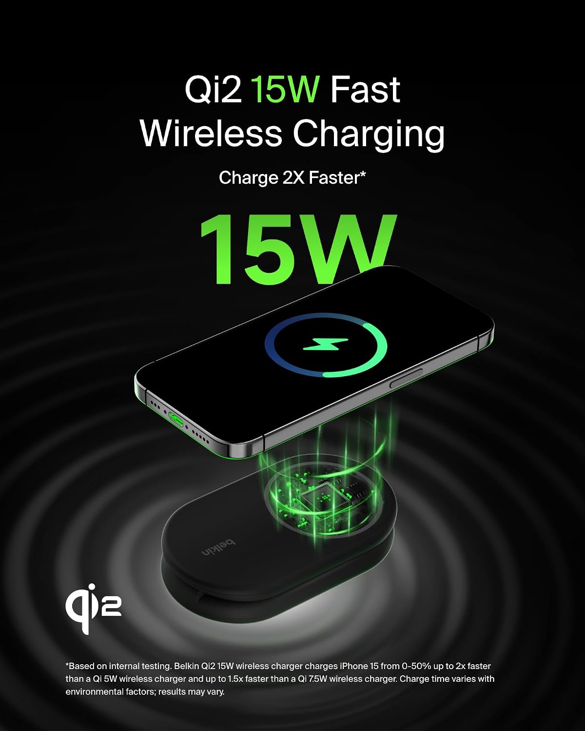 Belkin BoostCharge 2-in-1 Magnetic Foldable Qi2 Charger 15W, MagSafe Compatible Wireless Charger, Fast Charging for iPhone 17, Air, 16, 15, Charging Station with Non-Slip Base, PSU Included - Black