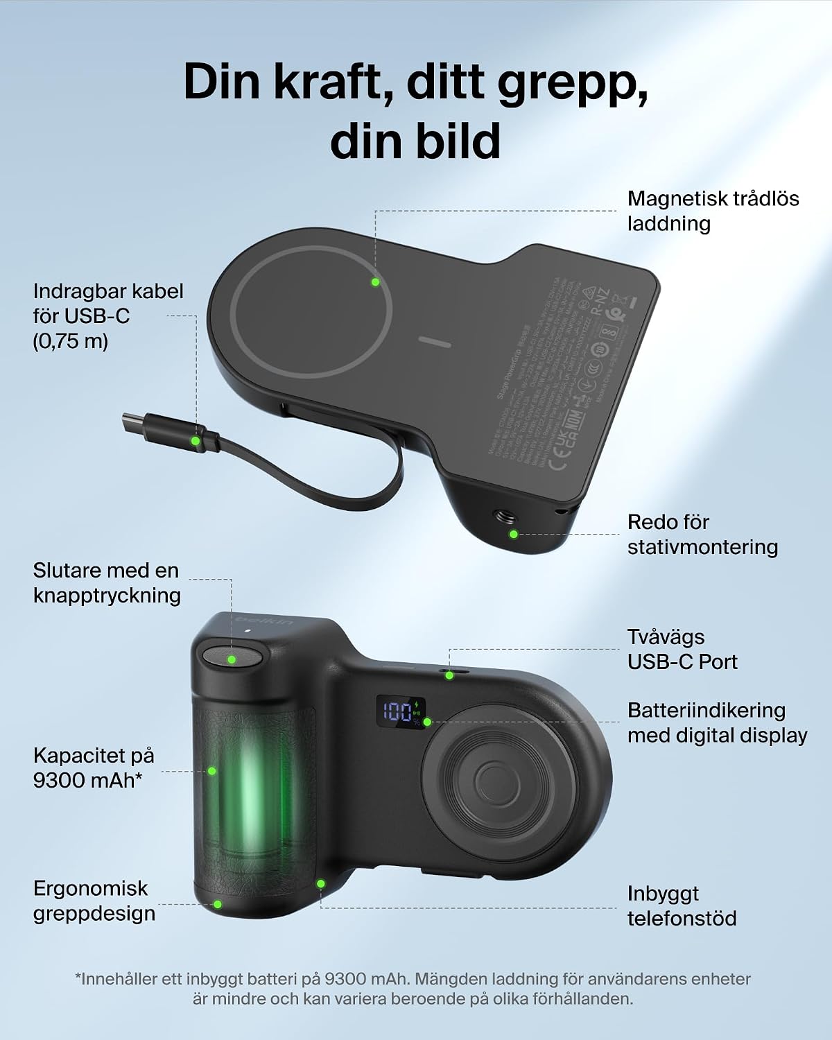 Belkin Stage PowerGrip 9300mAh Magnetic Camera Grip with Power Bank - Black