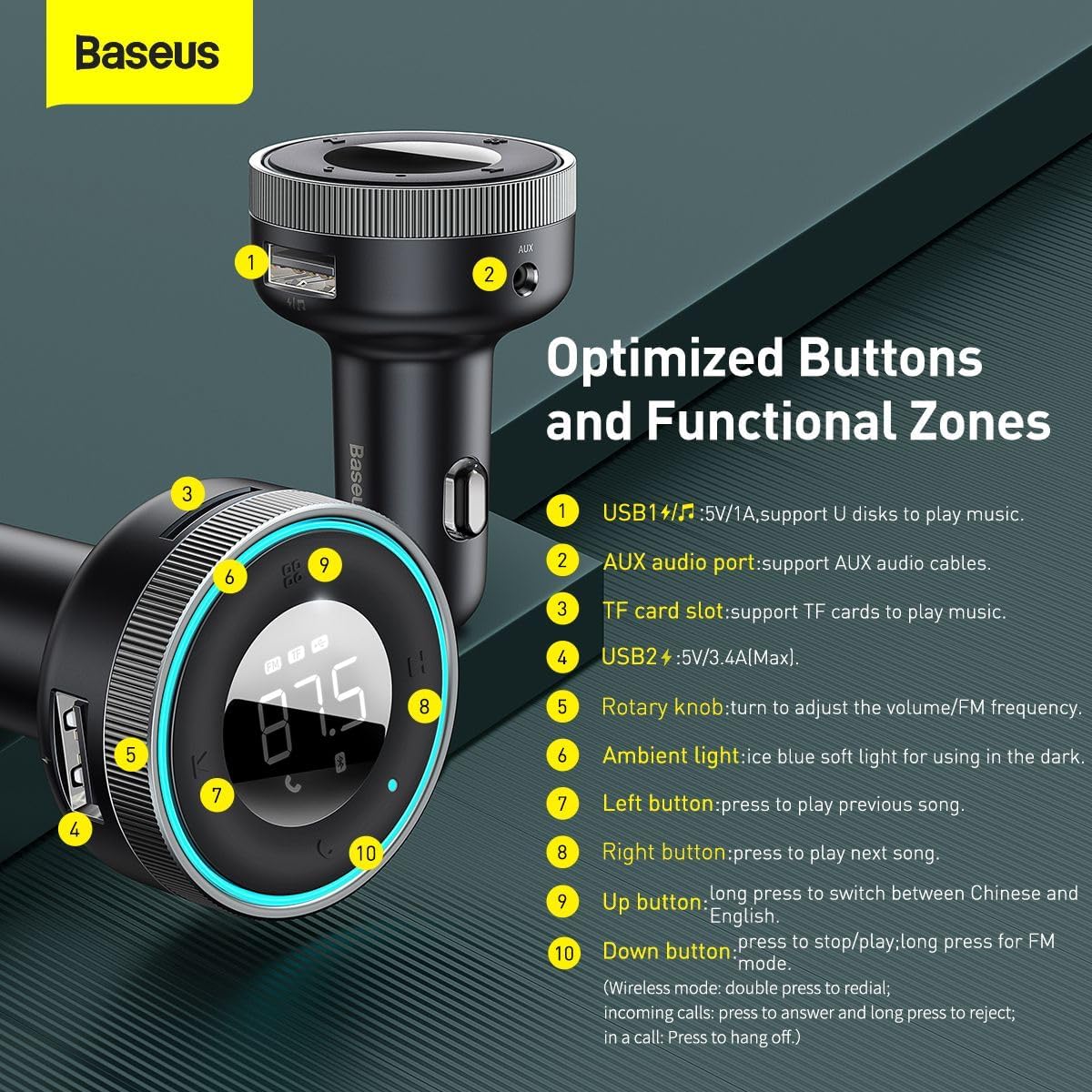 Baseus Bluetooth FM Transmitter 5.0 Car Wireless MP3 Charger 5V/3.4A Dual USB Adapter with LED Digital Display Multi-functional Ports Car Kit Built-in Mic Support Hands-Free Call