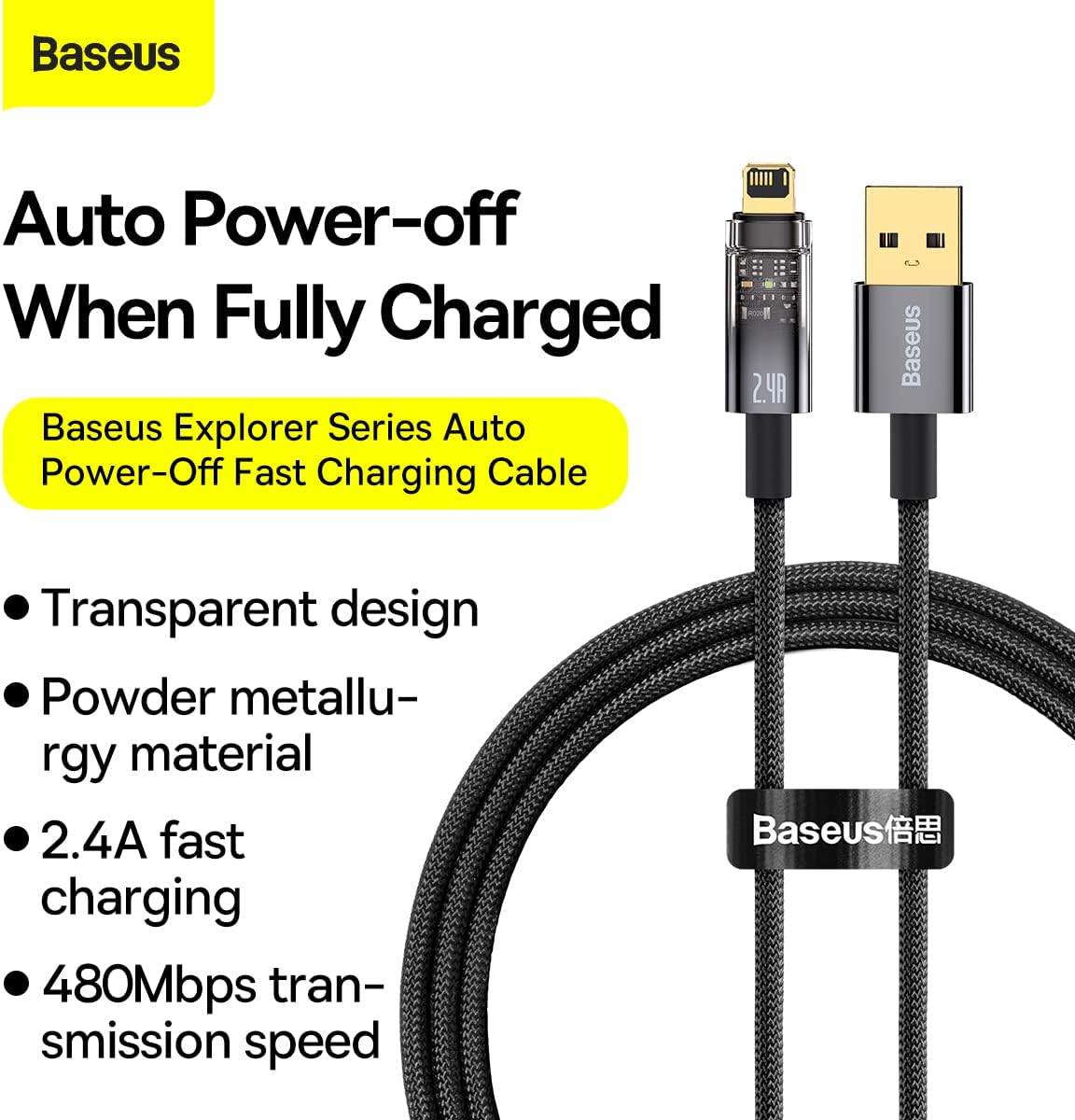 Baseus Explorer Auto Power-Off USB-A to Lightning Cable 2.4A — 1m — Black