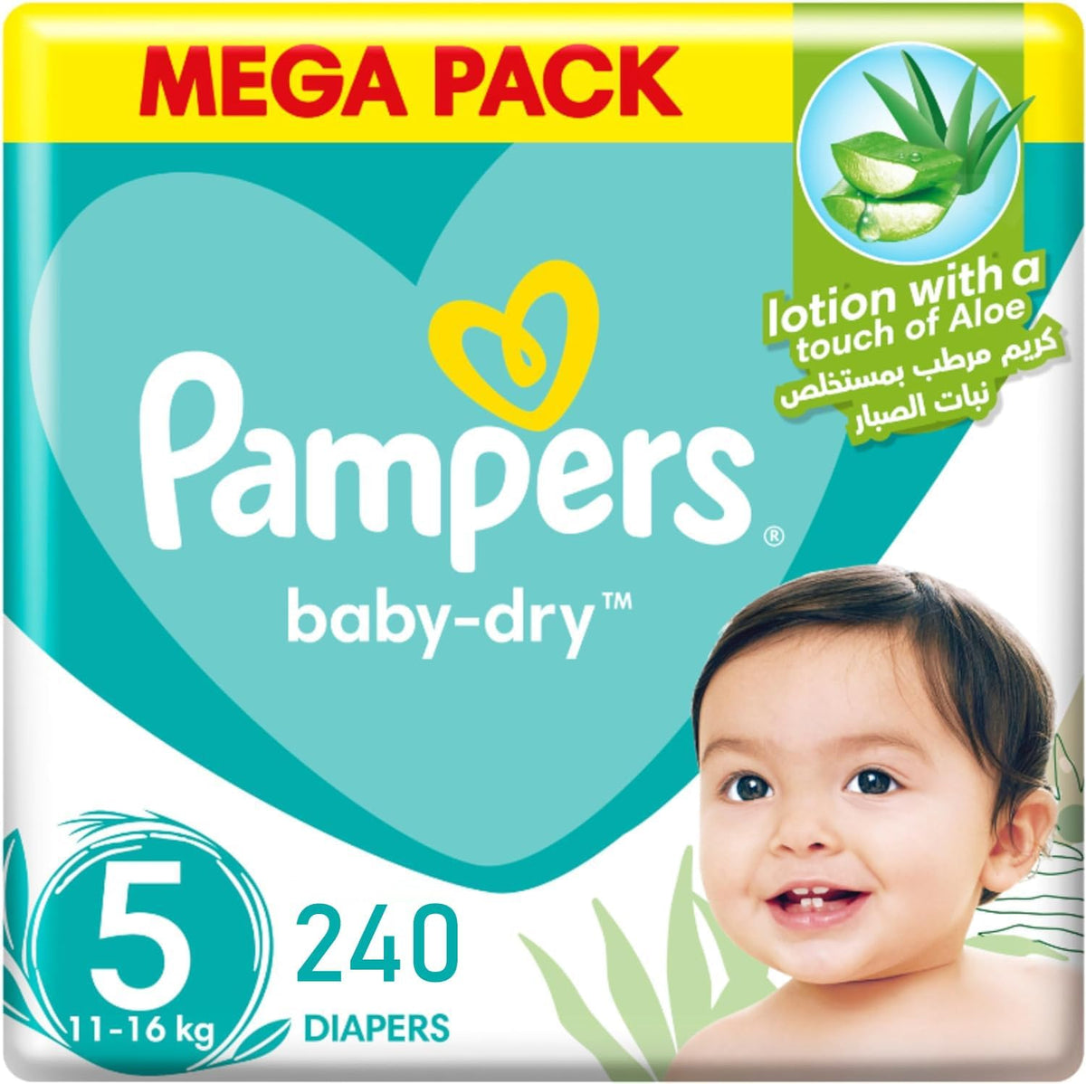 Pampers Baby-Dry Size 5 Taped Diapers with Aloe Vera Lotion, up to 100% Leakage Protection, Size 5, 11-16kg, 240 Count