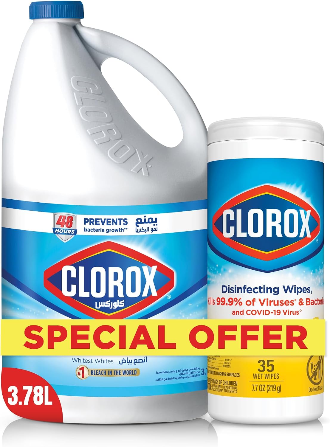 Clorox Bleach Liquid Original Scent 3.78L and Clorox Disinfecting Wipes, 35 Wet Wipes, Crisp Lemon — front product image