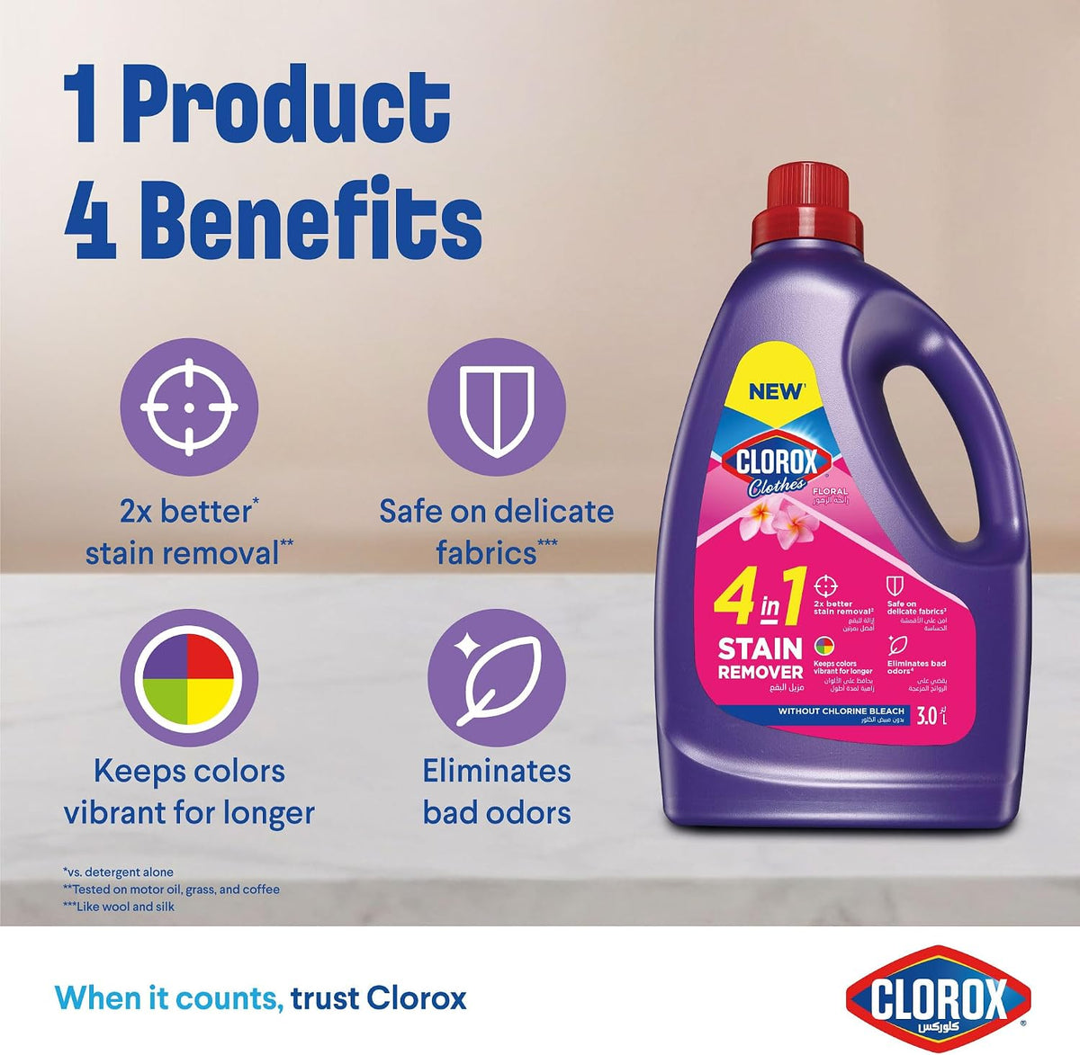 Clorox for Clothes 4in1 Stain Remover, 3L Clorox For Colored Clothes Floral Without Chlorine Bleach, Safe on Delicate Fabrics — additional view 3