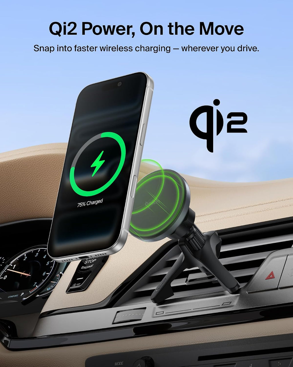 Belkin Wireless Car Charger, Magnetic Car Vent Mount & Dash Mount with USB C Cable, MagSafe Compatible Fast Charging for iPhone 17, Galaxy S25, Pixel 10, & More - Qi2 Travel Car Accessories - Black