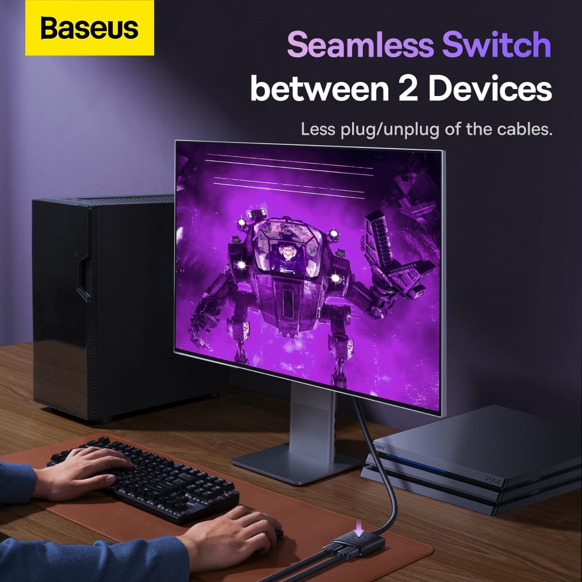 Baseus 2 IN 1 OUT HDMI Switch, Bi-Directional HDMI Splitter, Easy Switch HDMI Selector Support 4K, HDR, 3D, HDCP — Switch W/Cable — Black