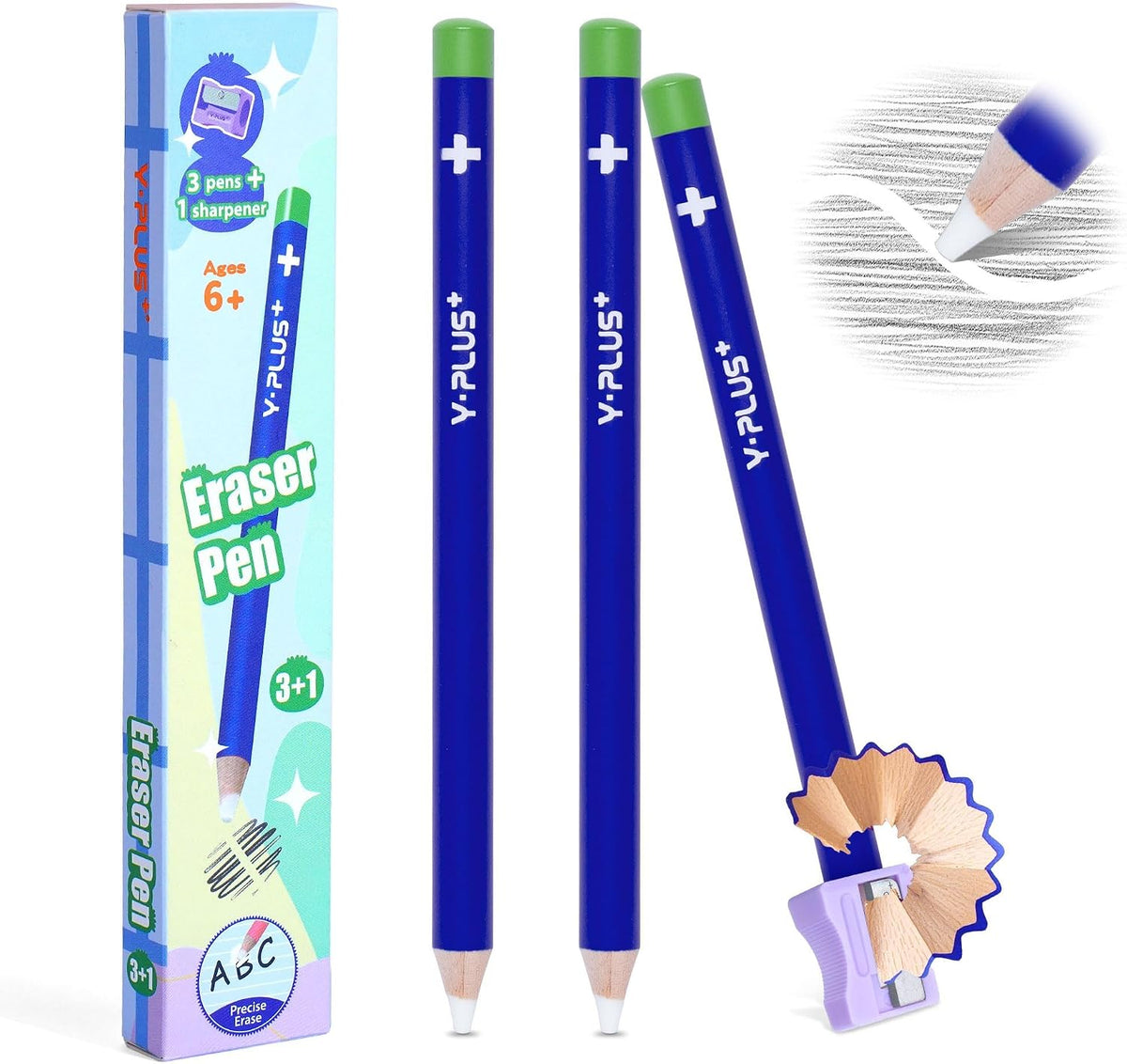 YPLUS Eraser Pens with Sharpener — 3 Pieces — Blue