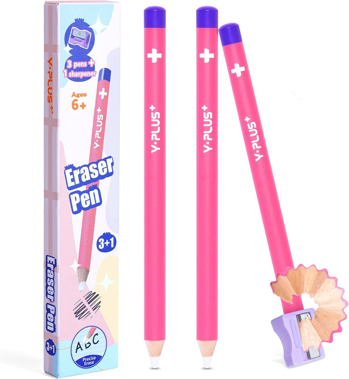 YPLUS Eraser Pens with Sharpener — 3 Pieces — Pink