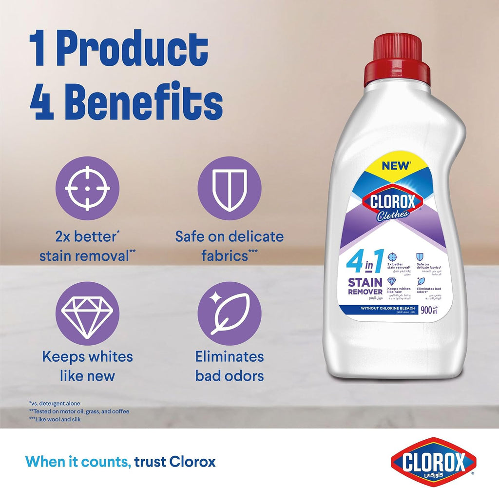 Clorox for Clothes 4in1 Stain Remover, 900ml, Clorox For White Clothes Without Chlorine Bleach, Safe on Delicate Fabrics — additional view 3