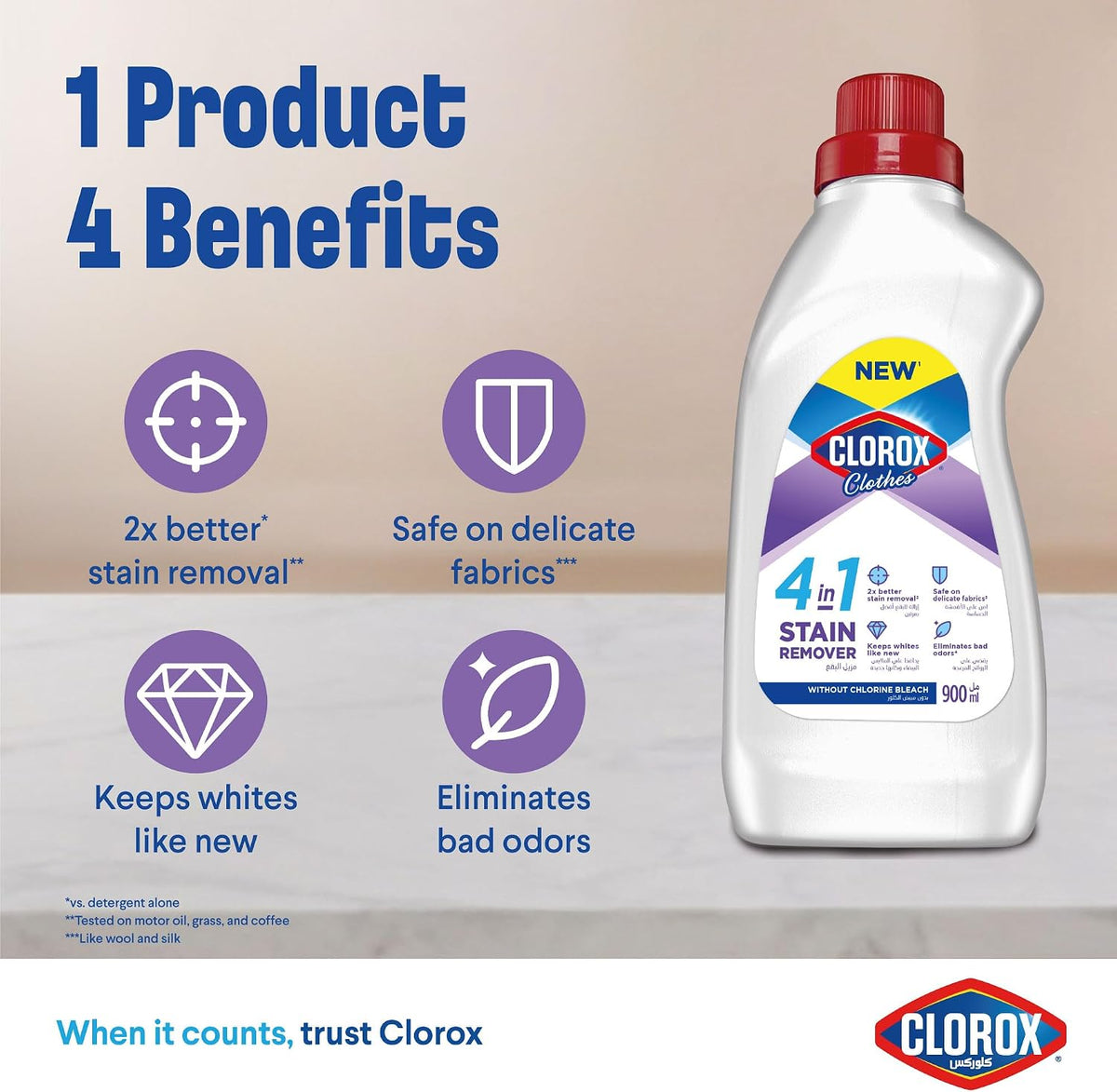 Clorox for Clothes 4in1 Stain Remover, 900ml, Clorox For White Clothes Without Chlorine Bleach, Safe on Delicate Fabrics — additional view 3