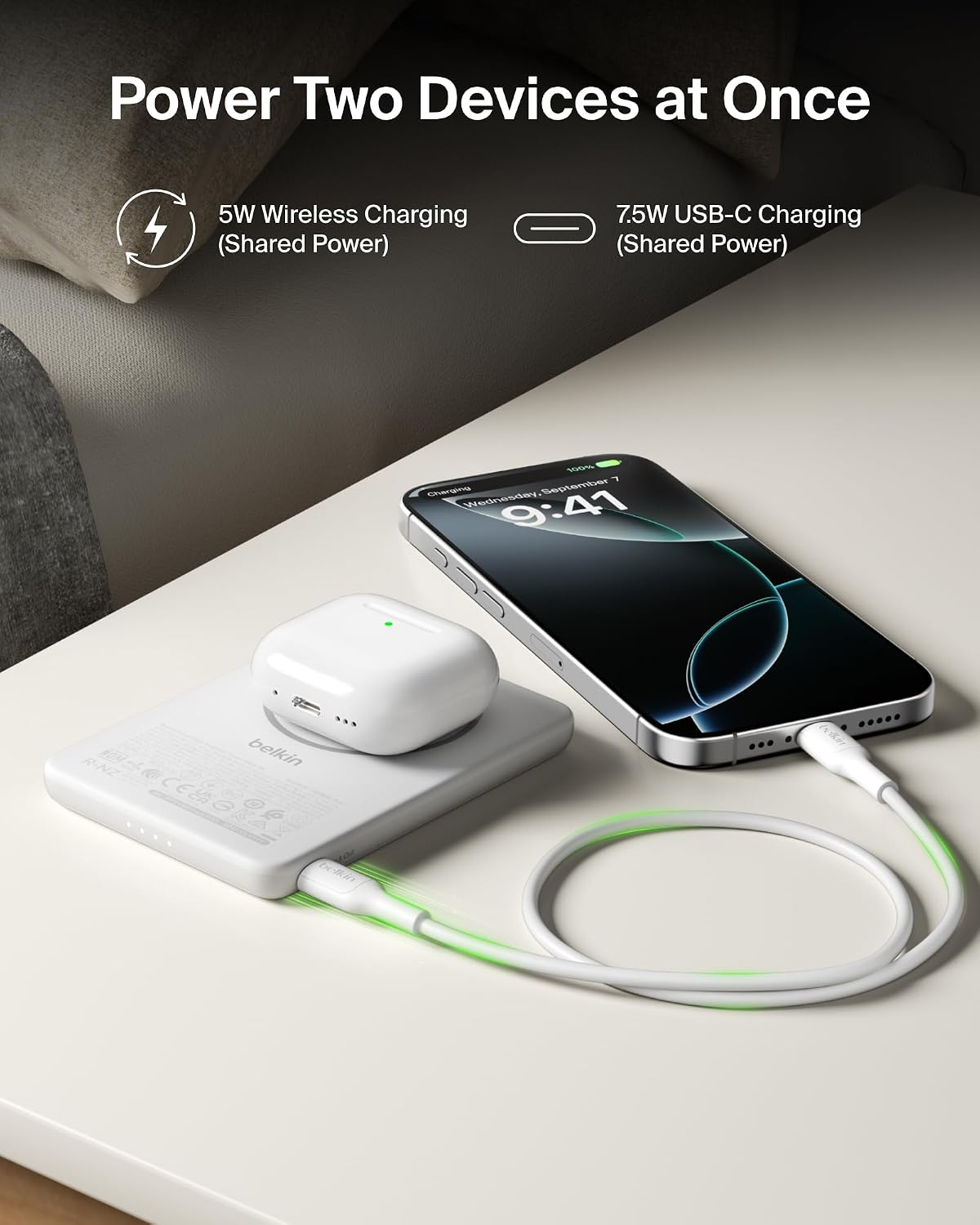 Belkin BoostCharge 5000mAh Slim Magnetic Power Bank with USB C Port - White