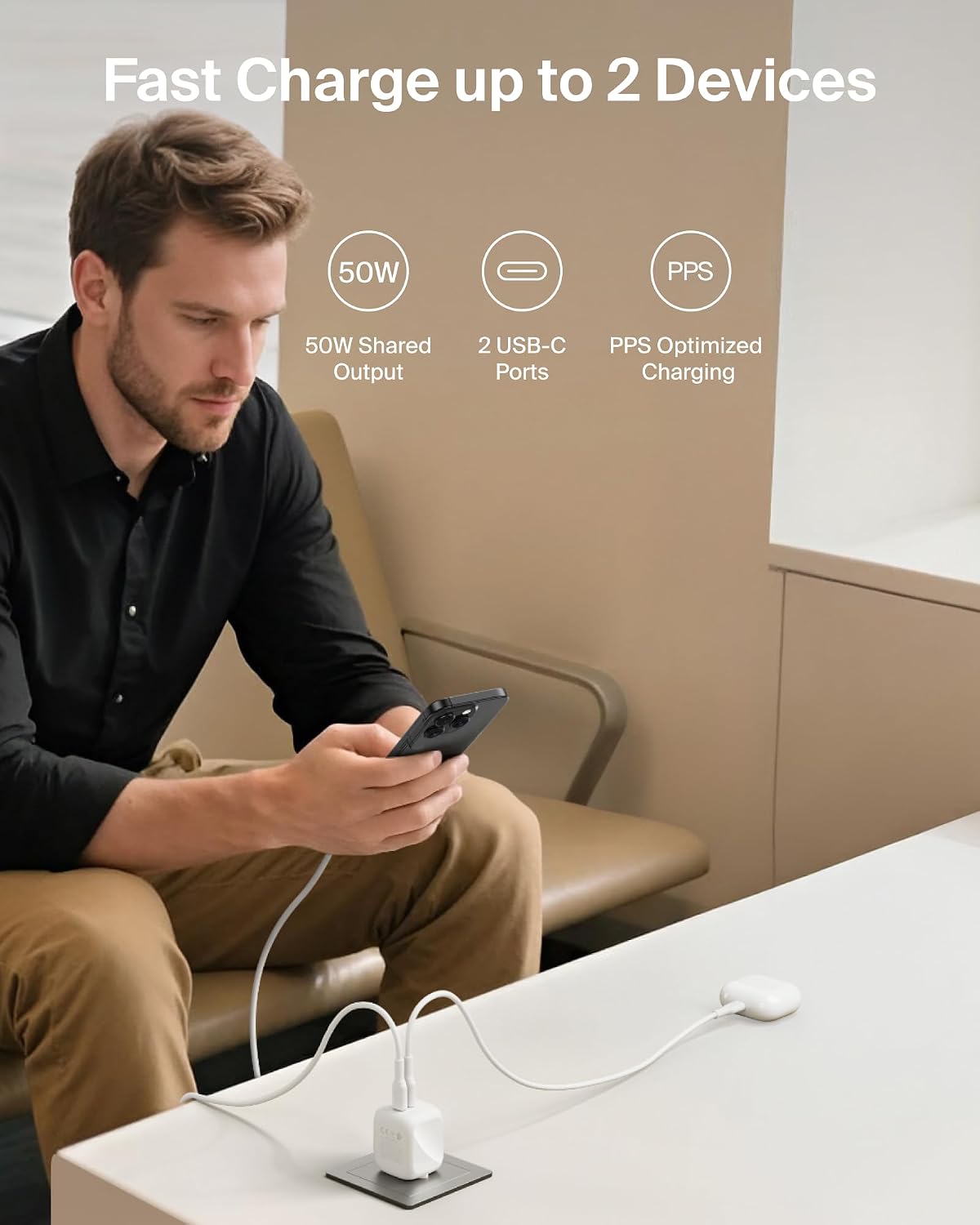 Belkin 2-Port USB-C Plug 50W, Dual-Port GaN Charger with 2x USB C Ports, Fast Charging for MacBook, iPhone 16, iPad Pro, Chromebook, Galaxy S25 Ultra, Pixel 9, etc. - Travel Essentials - White