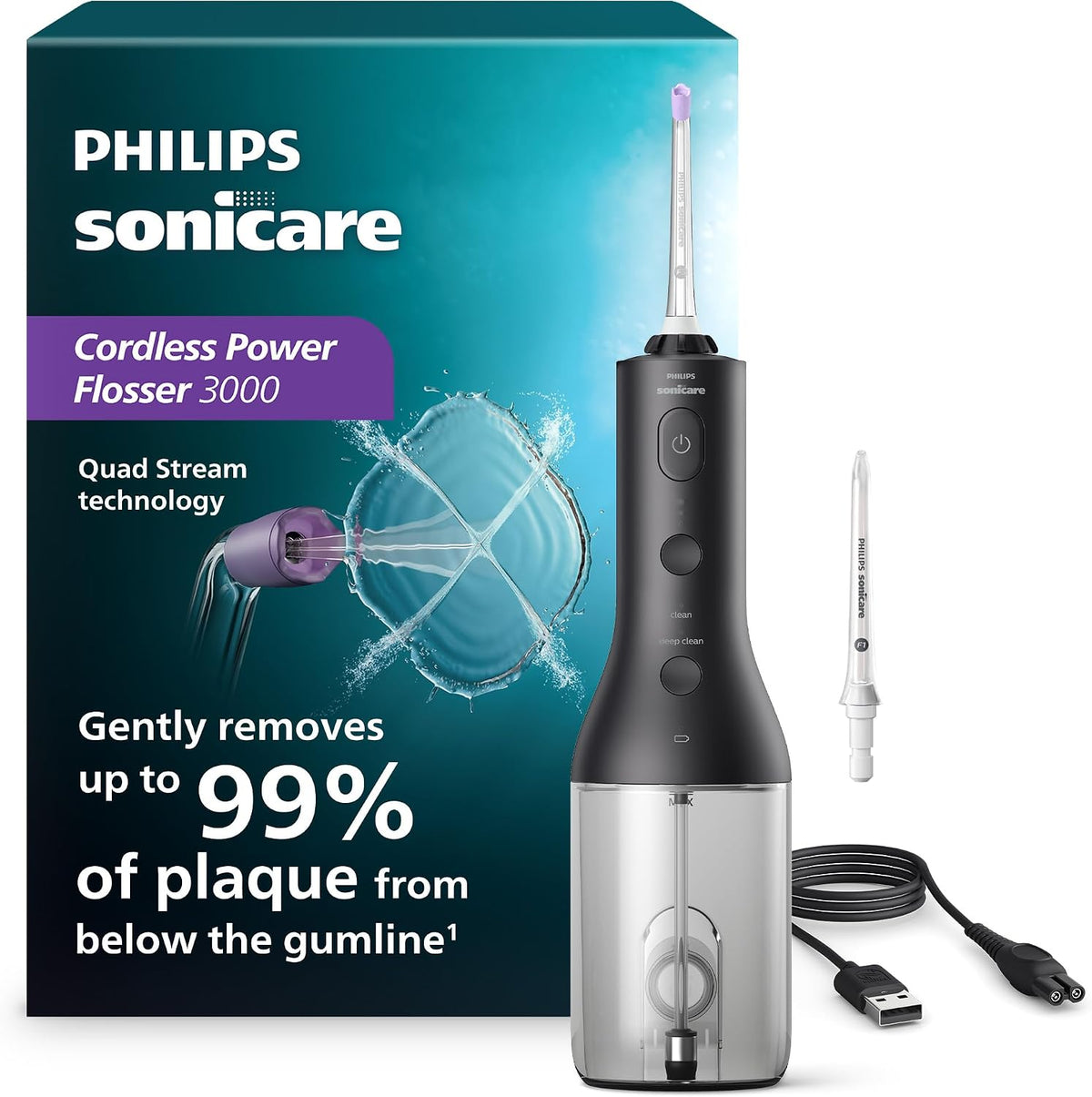Philips SONICARE Philips Cordless Power Flosser 3000, Water Flosser with Innovative Quad Stream Technology, Oral Irrigator with 2 Flossing Modes and 3 Intensity Levels, Ergonomic Design, Black, HX3826/23 — New Black