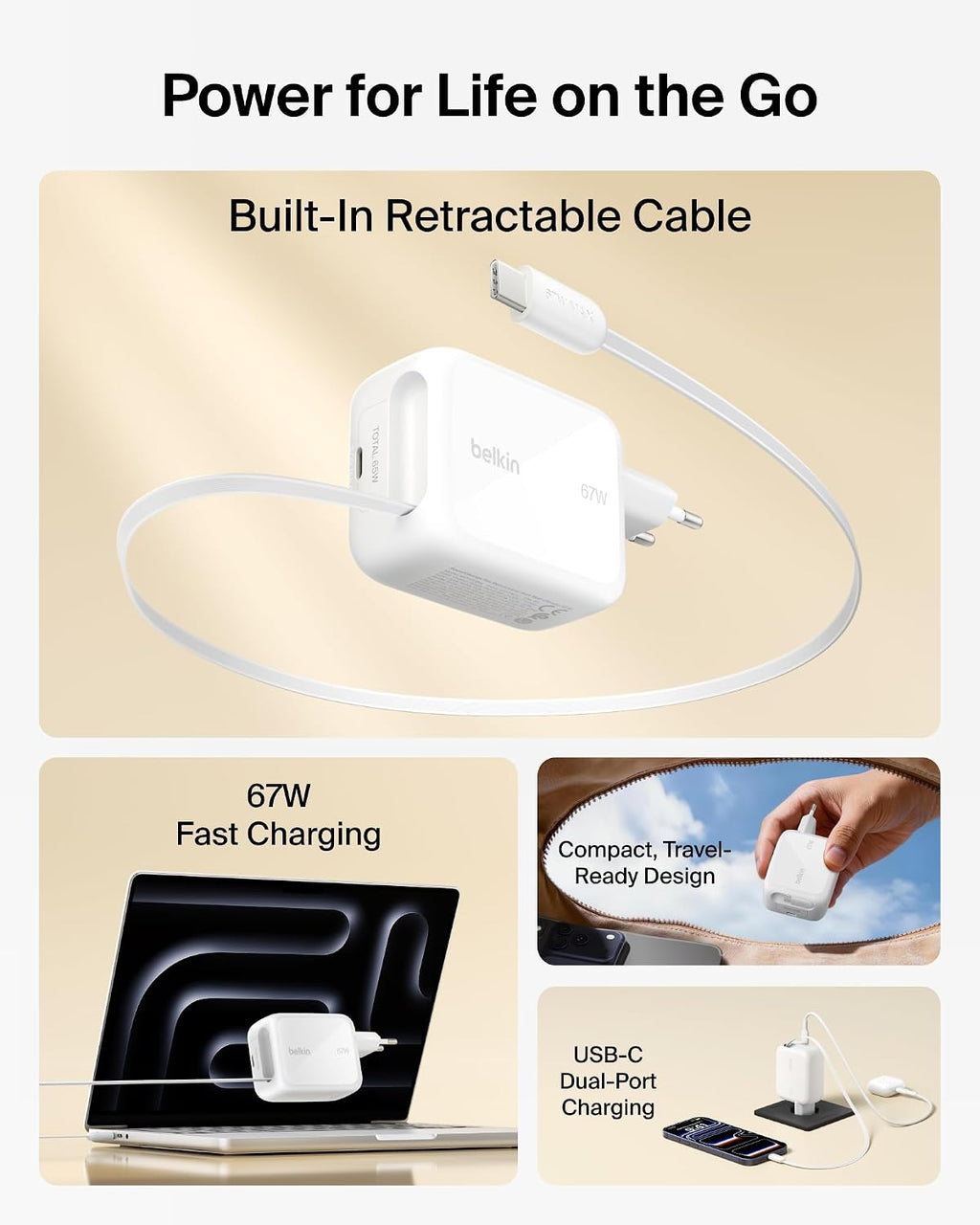 Belkin USB-C Charger Plug 67W with 3.3ft Retractable USB C Cable & Type C Port - GaN iPhone Charger, Fast Charging for iPhone 17 & 16 Series, Galaxy S26 Series, AirPods, Tablet, MacBook, Chromebook