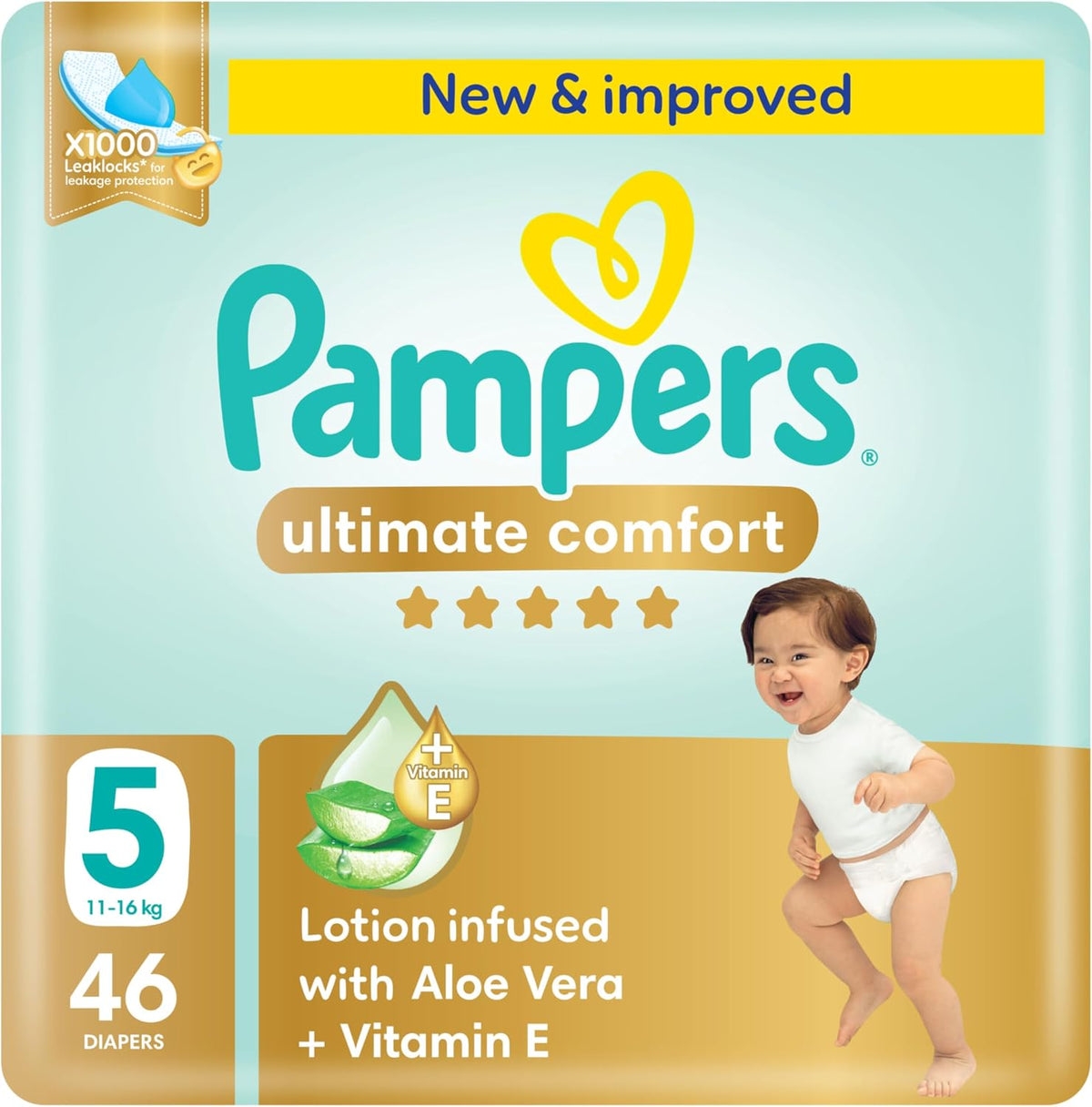 Pampers Ultimate Comfort Taped Diapers, Size 5, 11-16kg, Lotion infused with Aloe Vera and Vitamin E, x1000 Leak Locks Technology for Leakage Protection, 46 Count