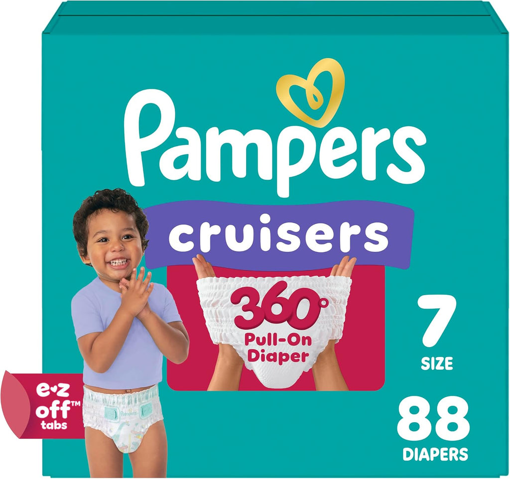 Pampers Diapers Size 7, 88 Count - Pull On Cruisers 360° Fit Disposable Baby Diapers with Stretchy Waistband, (Packaging & Prints May Vary)