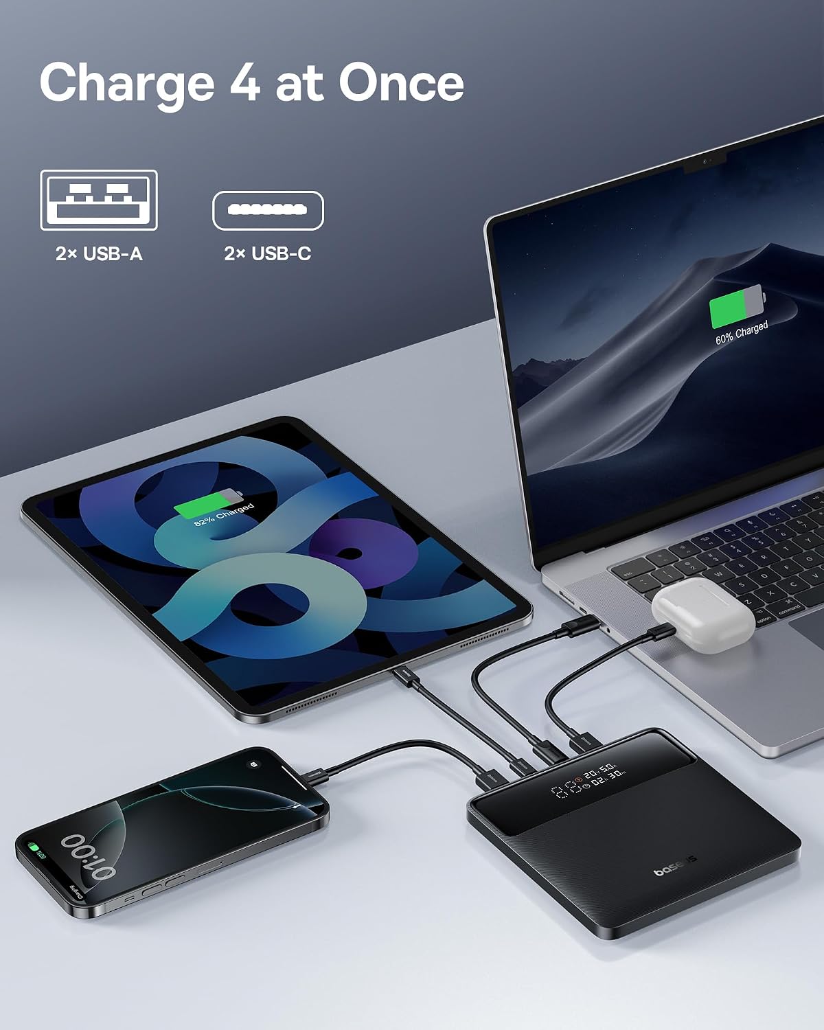 Baseus Power Bank, 20000mAh 100W PD Fast Charging Portable Charger with Digital Display, USB-C Cable, Blade Laptop Battery Bank — Midnight Black