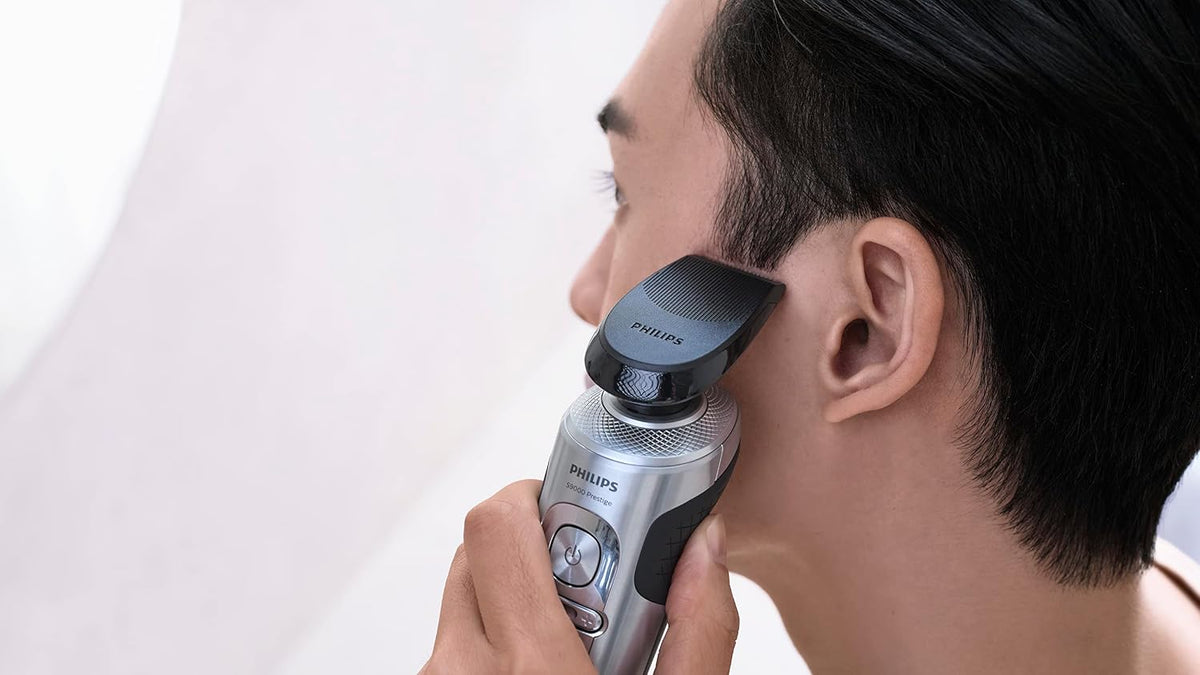 Philips Shaver Series 9000 Prestige, Wet and Dry Electric Shaver, Bright Chrome, Lift & Cut Shaving System, SkinIQ Technology, Qi Charging Pad, Beard Styler, Nose Trimmer, Model SP9871/22 — Bright Chrome Brushed
