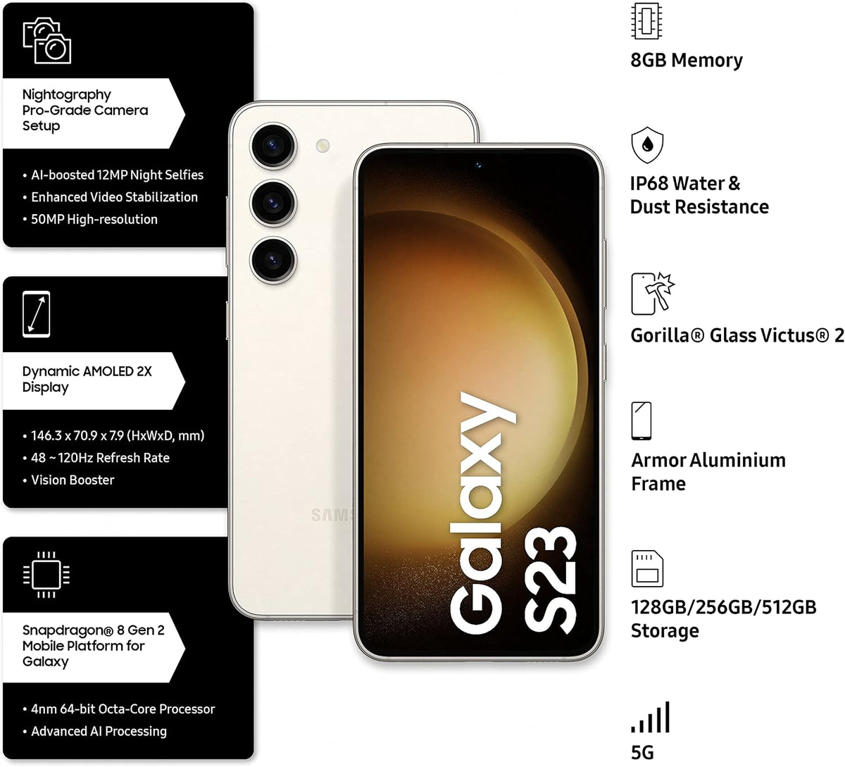 Samsung Galaxy S23 5G (Cream, 8GB RAM, 128GB Storage) – Snapdragon Processor, Unlocked International Version – Works Worldwide
