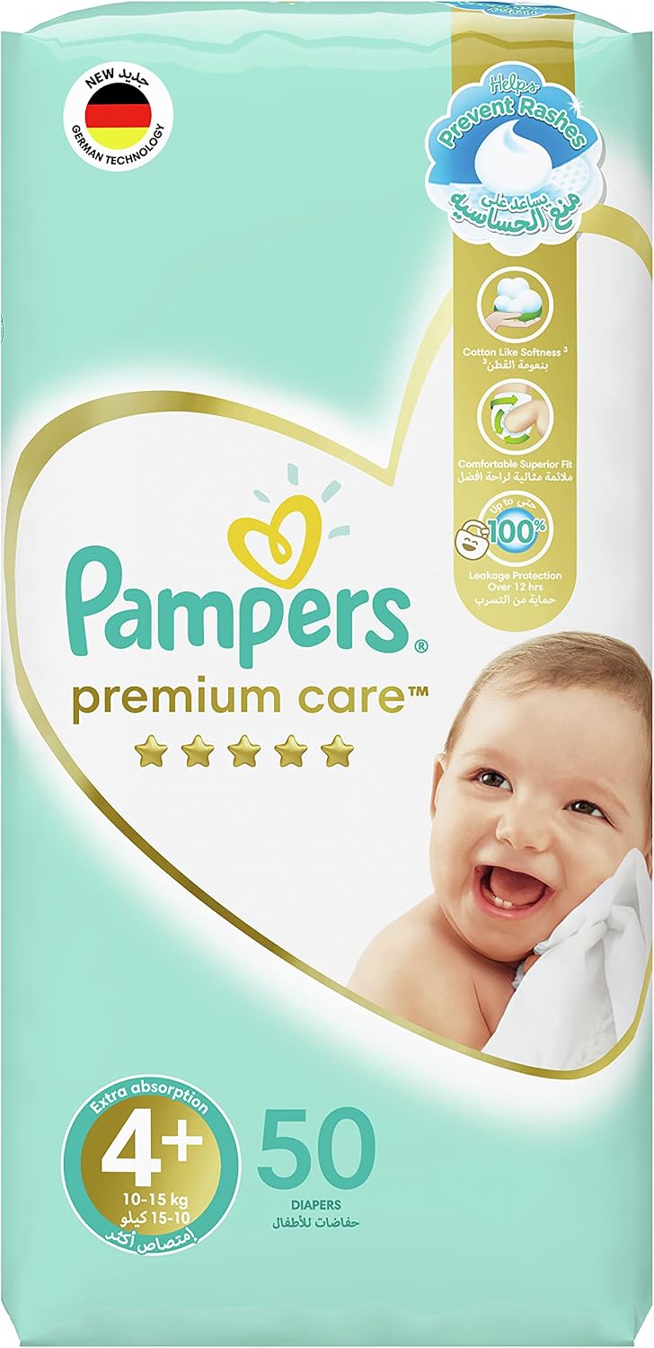Pampers Premium Care Diapers, Size 4+, 10-15 kg, The Softest Diaper and the Best Skin Protection, 50 Baby Diapers