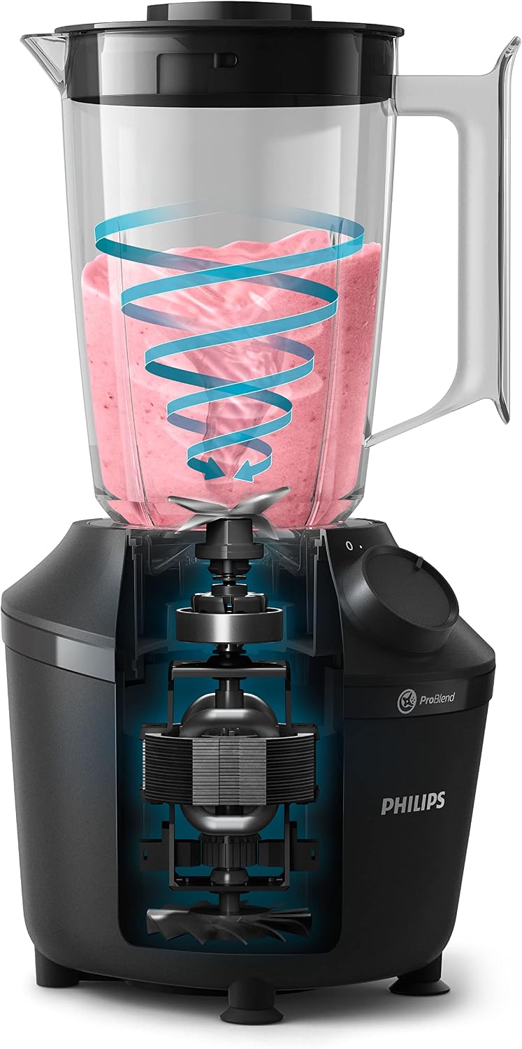 Philips Blender 3000 Series, ProBlend System, 1.9L Maximum Capacity, 1L Effective Capacity, 450W, 1 Speed Setting + Pulse, Plastic Jar, Black, (HR2041/01), Smooth blends with no lumps in 45 seconds — Black