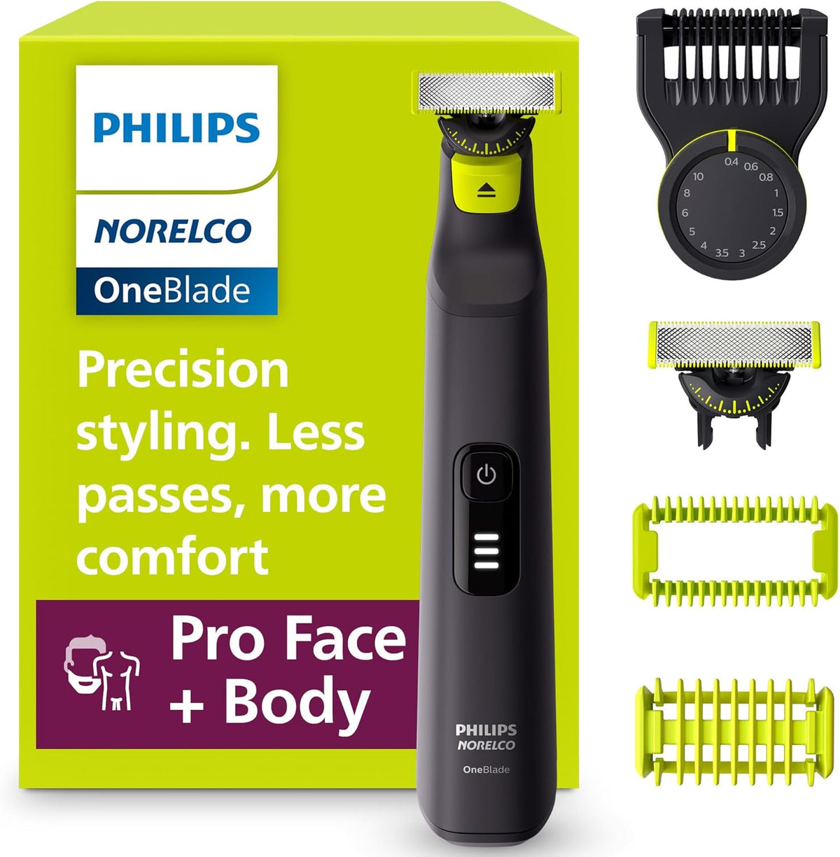 Philips Norelco Philips OneBlade Pro 360 Face + Body, Electric Shaver, Beard Trimmer and Body Groomer, with 360 Blade Technology, 14-Length Precision Comb, Body Kit, Soft Pouch, Model QP6542/70 — Black/Lime Green