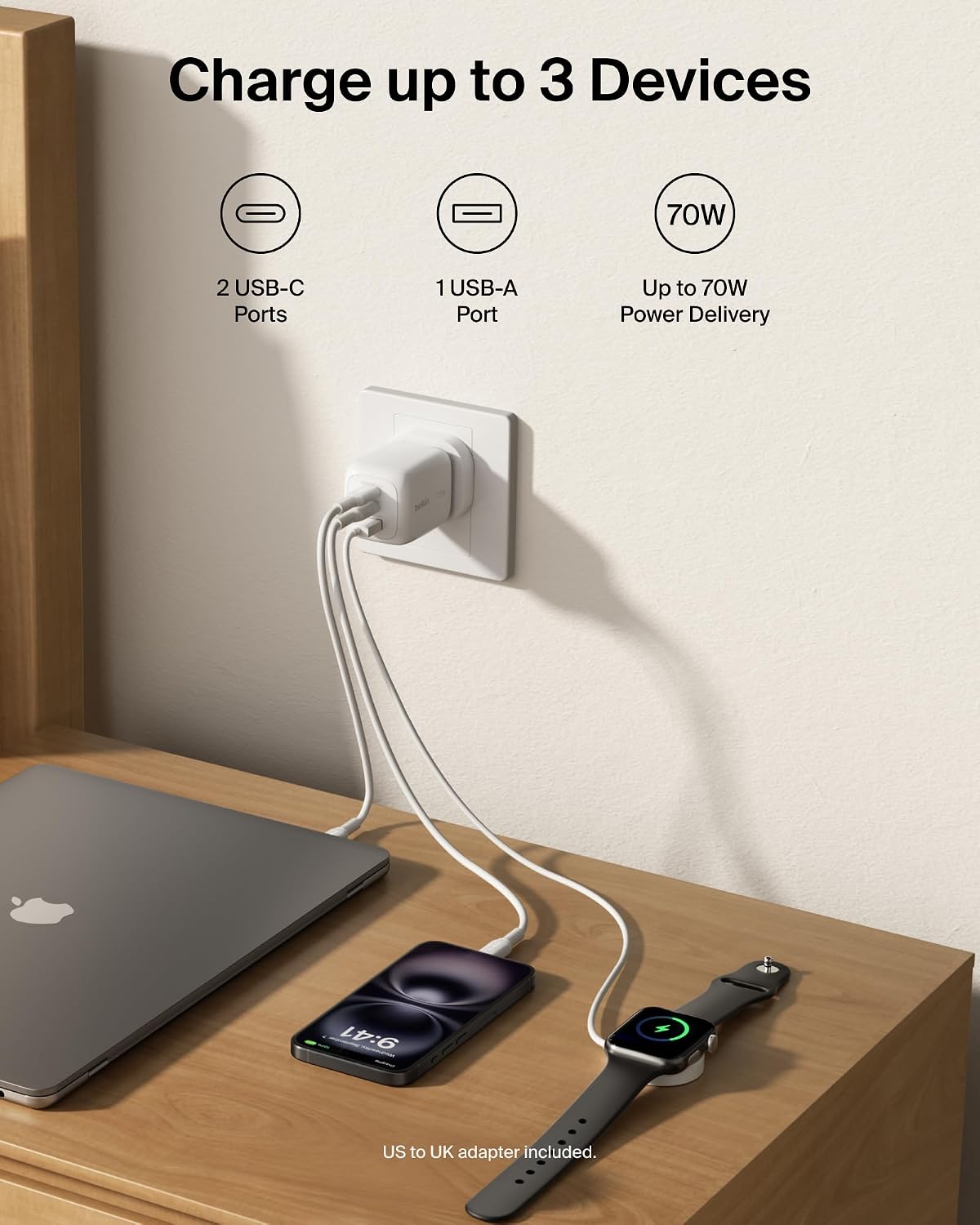 Belkin 3-Port USB-C Plug 70W, Multi-Port GaN Wall Charger with 2x USB-C & 1x USB A Ports, UK and US Plug Tips, Fast Charging for MacBook, iPhone 17, iPad, Samsung Galaxy S25, Google Pixel, etc - White