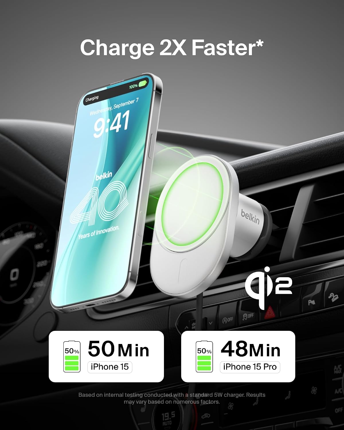 Belkin MagSafe Charger Compatible Magnetic Wireless Car Charger 15W - BoostCharge Pro MagSafe-Compatible Charger for Qi2, Magnetic Car Vent Phone Mount for iPhone 16, 15, 14, 13, & 12 Series - Gray
