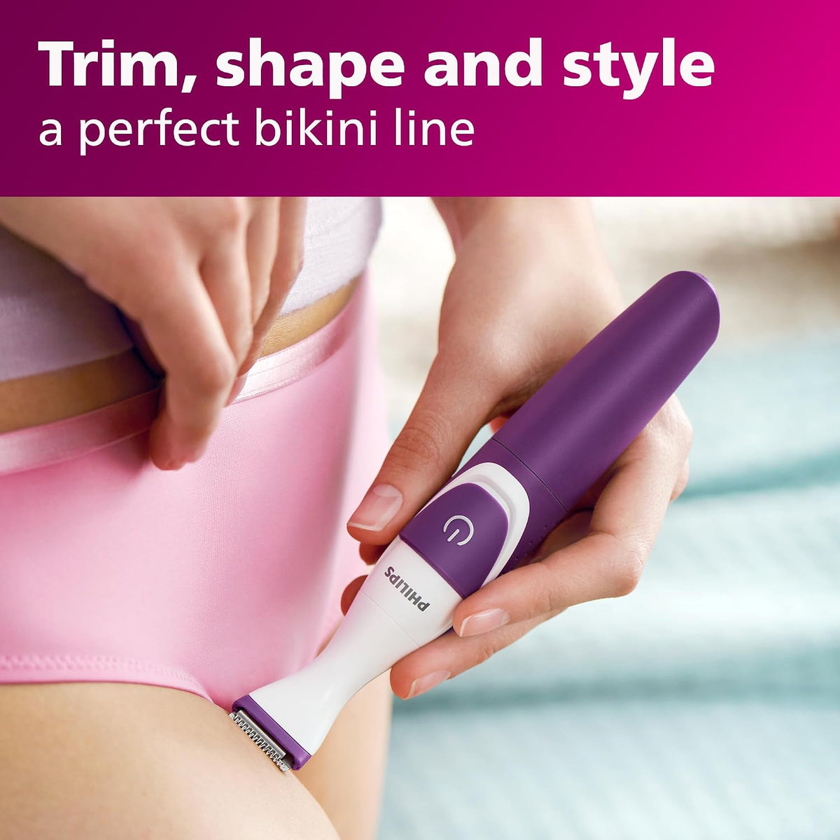 Philips Beauty Bikini Genie Cordless Trimmer for Bikini Line Hair Removal, with Shaving Head and Comb, BRT383/50 — Purple and White