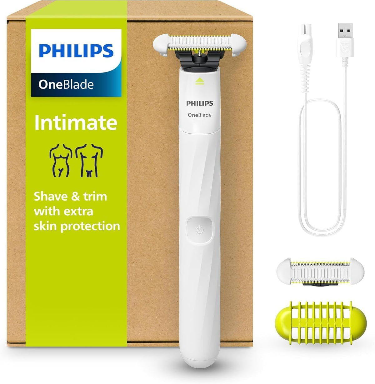Philips OneBlade Intimate Electric Shaver and Intimate Trimmer for Men and Women, with Extra Skin Protection, 2 x SkinProtect Blades, 1 x 3 mm Trimmer Attachment, QP1924/30, White — White