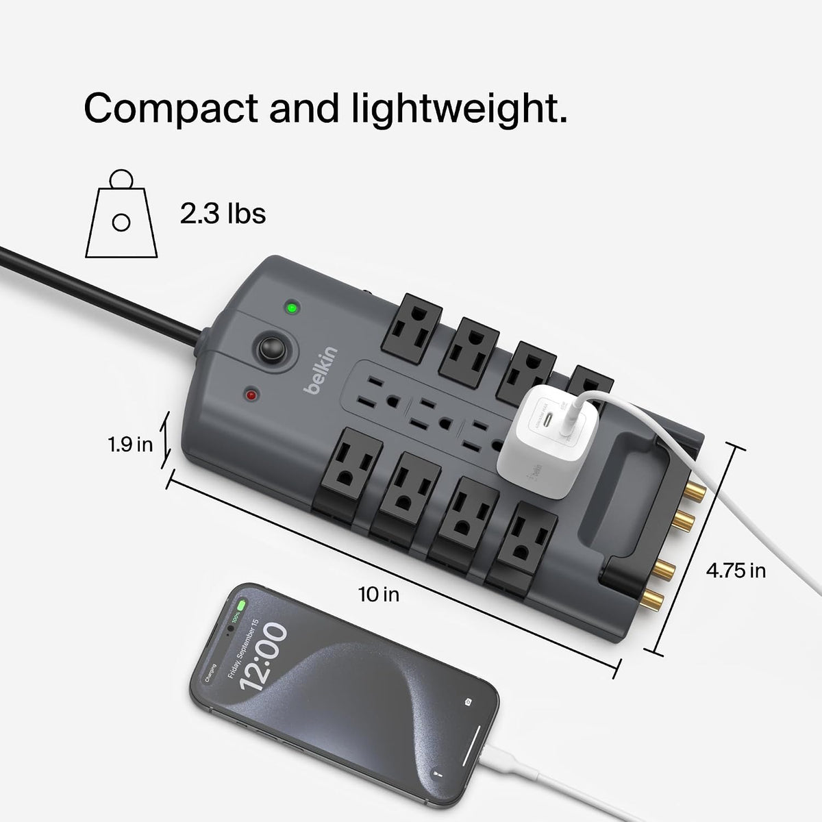 Belkin Surge Protector Power Strip w/ 8 Rotating & 4 Standard Outlets - 8ft Sturdy Extension Cord w/Flat Pivot Plug for Home, Office, Travel, Desktop & Charging Brick - 4320 Joules of Protection